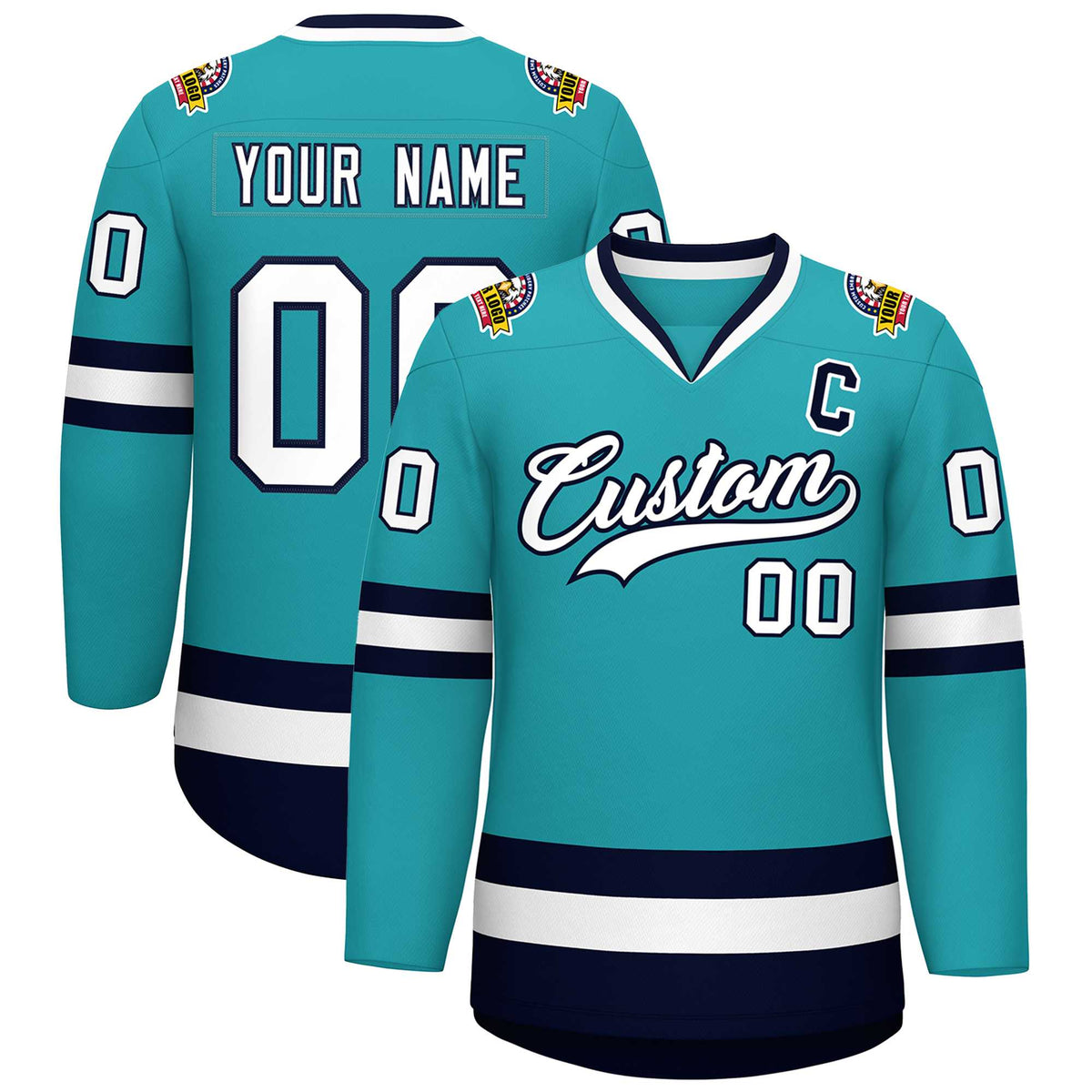 Custom Aqua White-Navy Classic Style Hockey Jersey | KXKSHOP