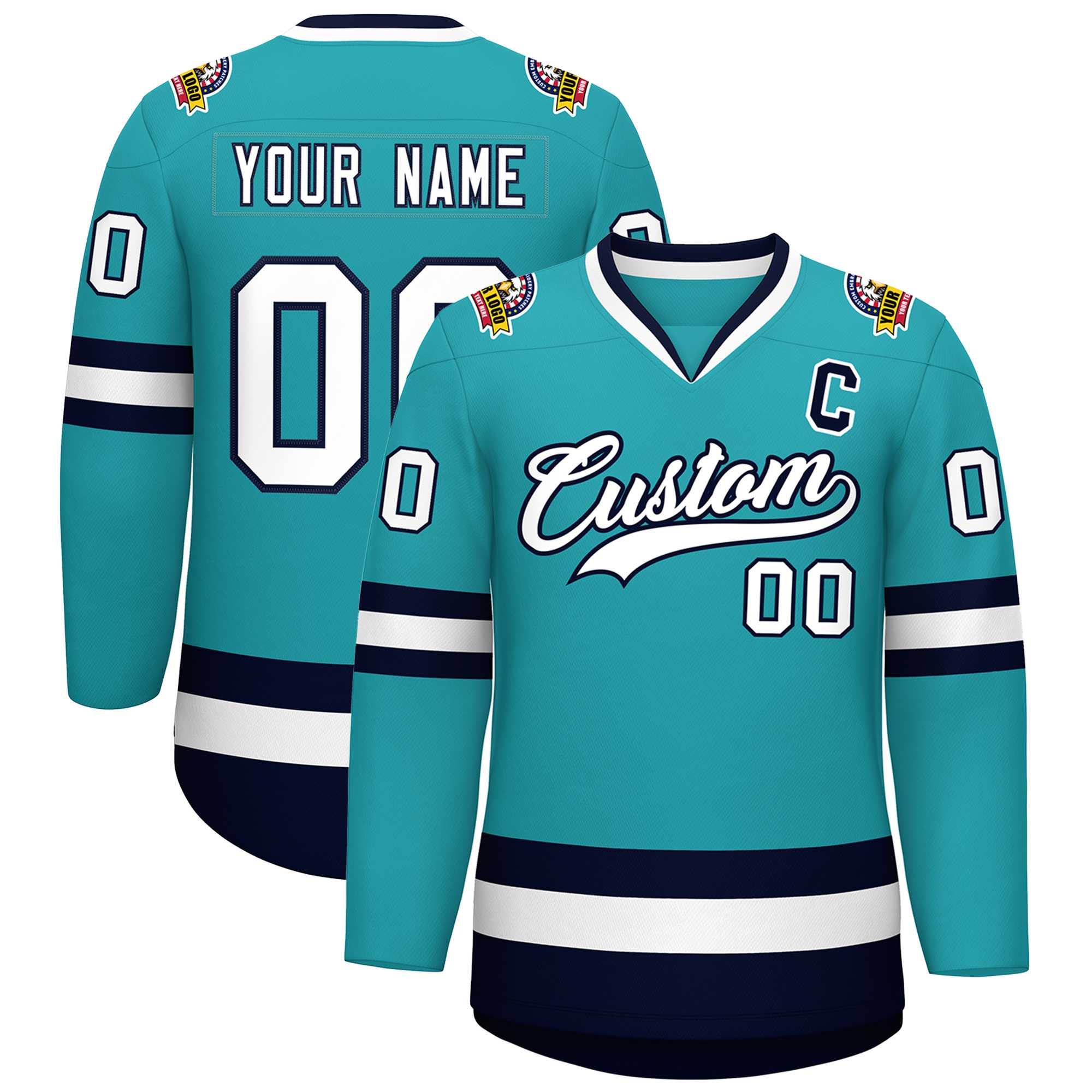 Custom Aqua White-Navy Classic Style Hockey Jersey | KXKSHOP