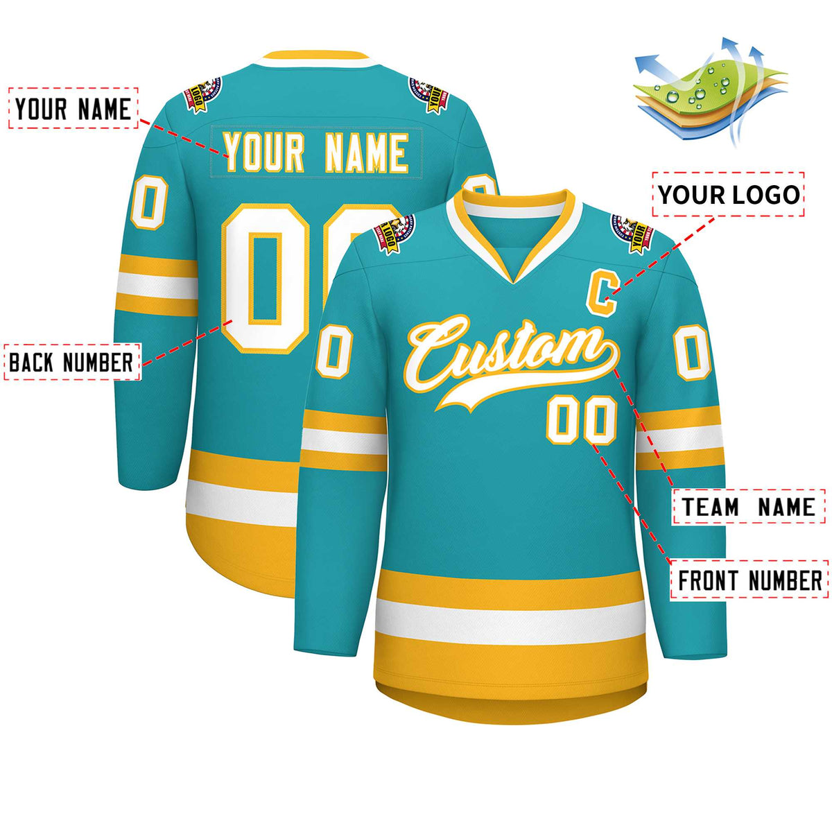 Custom Aqua White-Gold Classic Style Hockey Jersey | KXKSHOP