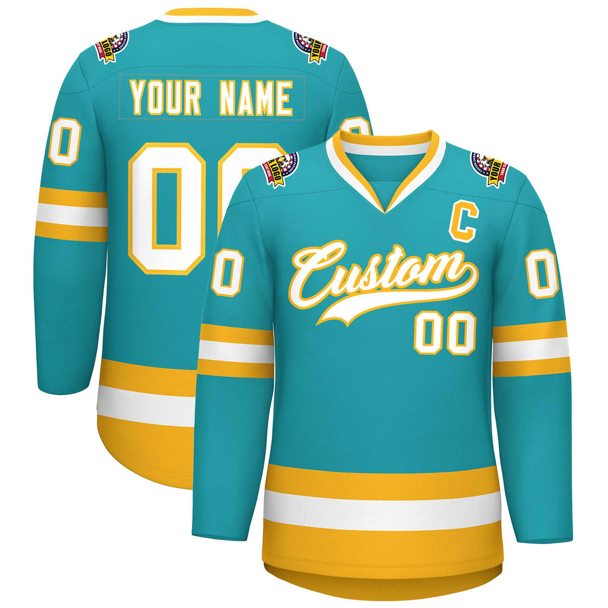 Custom Aqua White-Gold Classic Style Hockey Jersey | KXKSHOP