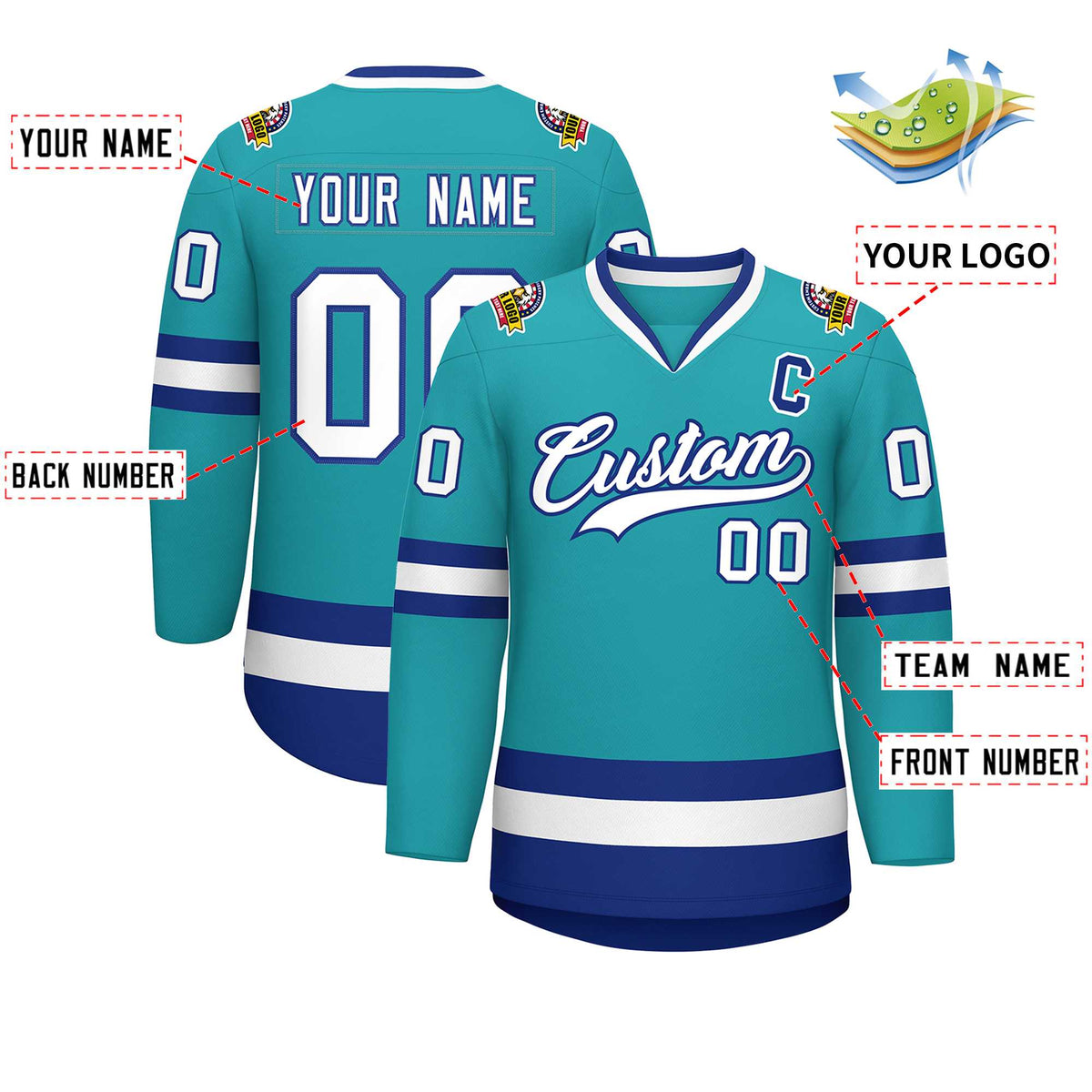 Custom Aqua White-Royal Classic Style Hockey Jersey | KXKSHOP
