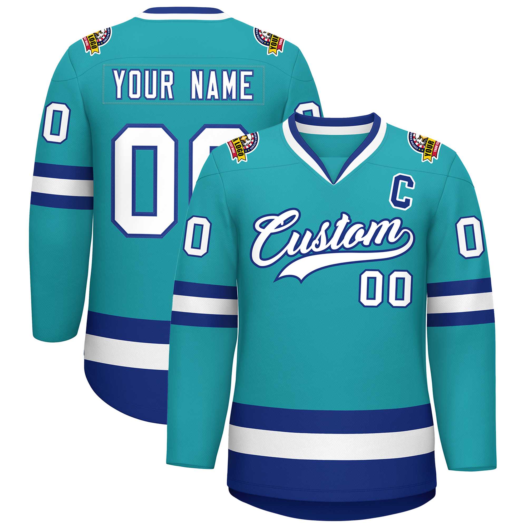 Custom Aqua White-Royal Classic Style Hockey Jersey | KXKSHOP