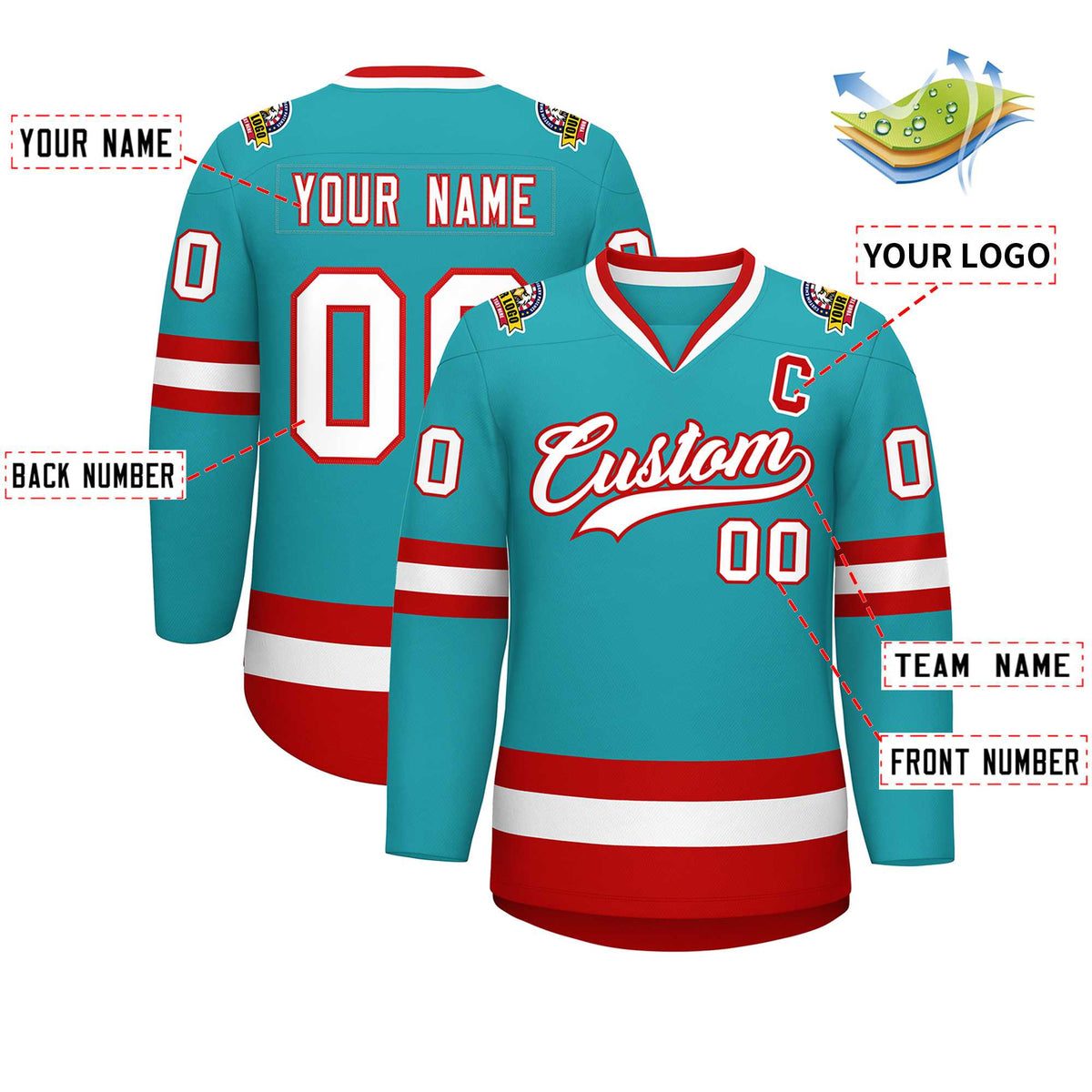 Custom Aqua White-Red Classic Style Hockey Jersey | KXKSHOP