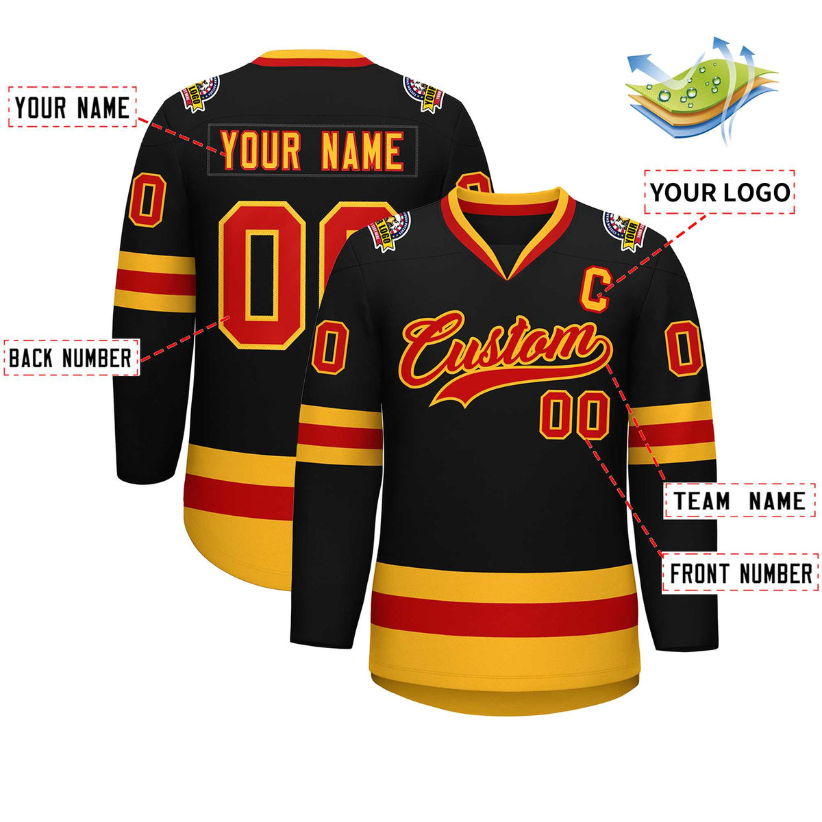 Custom Black Red-Gold Classic Style Hockey Jersey | KXKSHOP