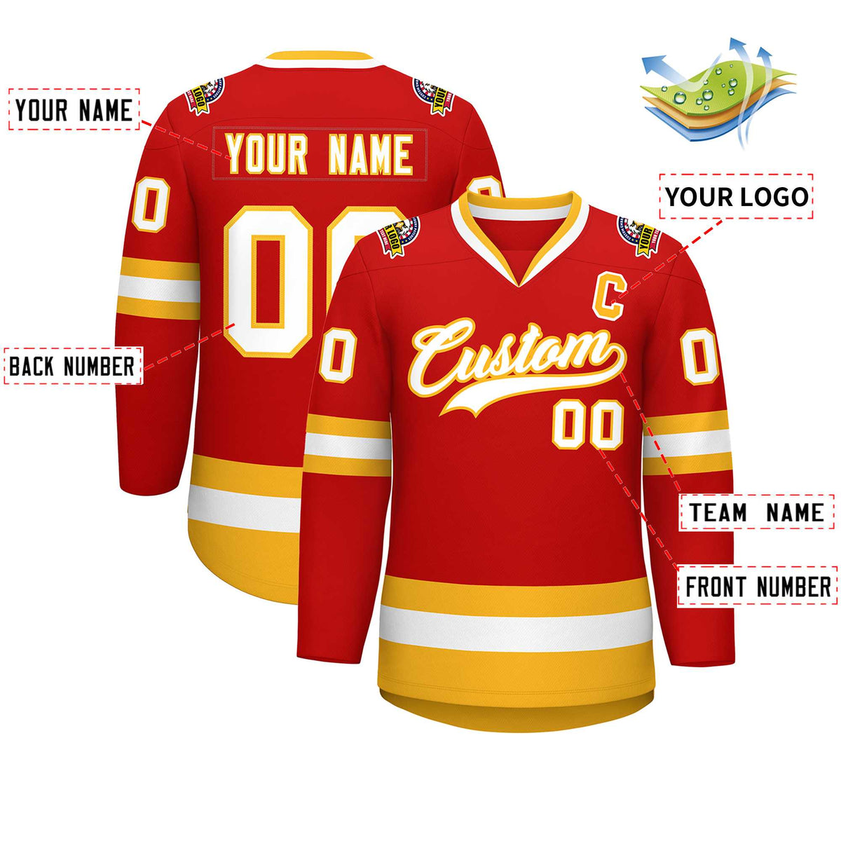Custom Red White-Gold Classic Style Hockey Jersey | KXKSHOP
