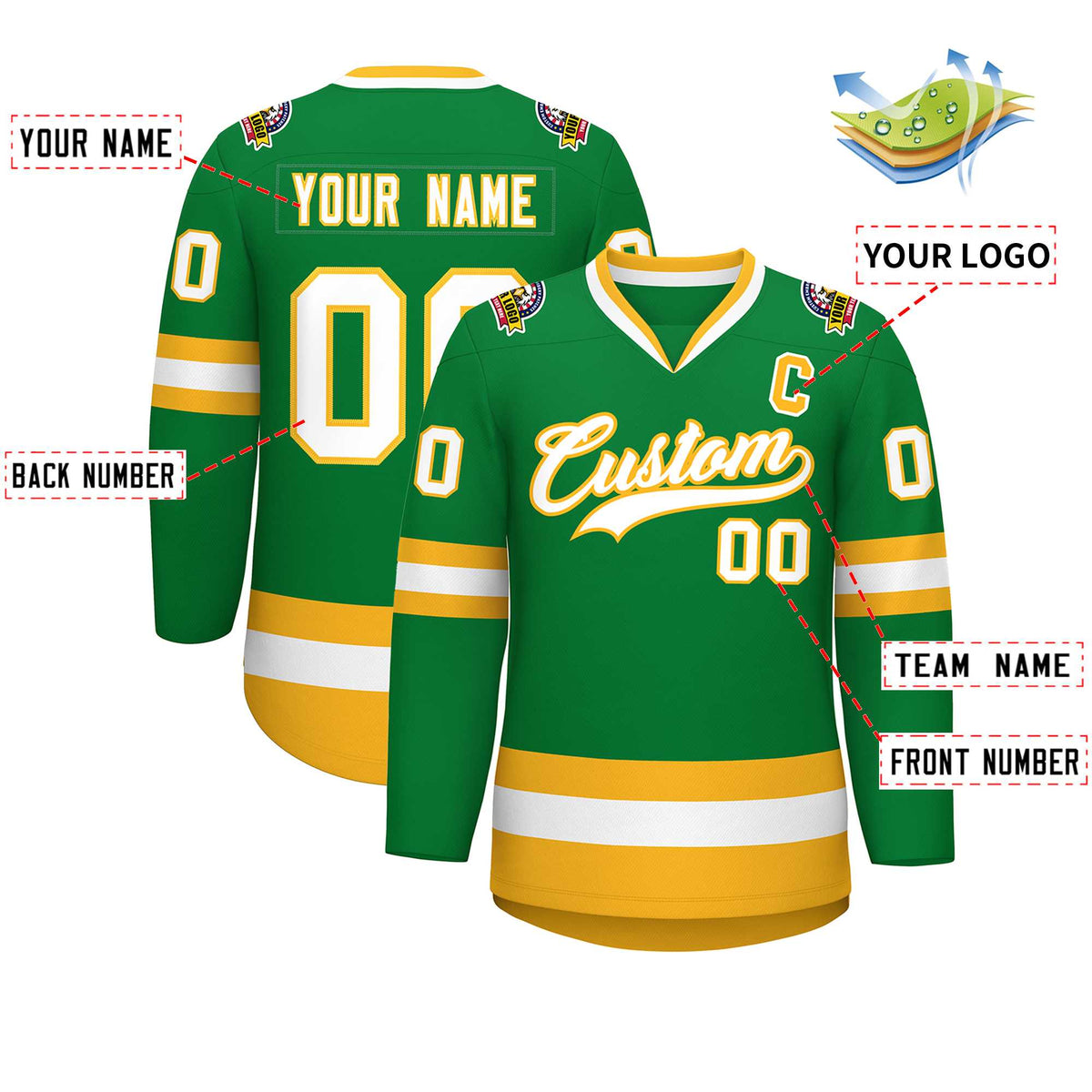 Custom Kelly Green White-Gold Classic Style Hockey Jersey | KXKSHOP