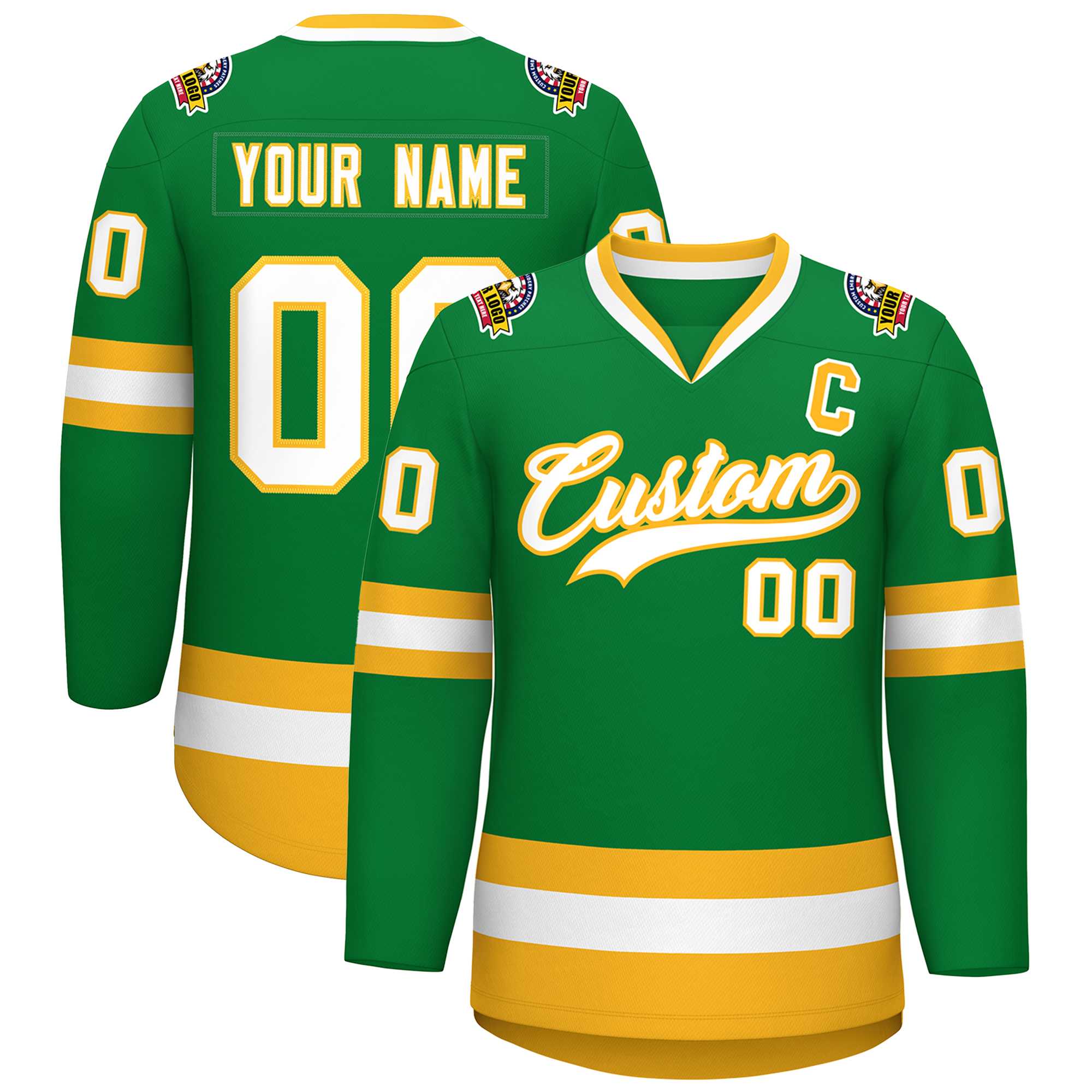 Custom Kelly Green White-Gold Classic Style Hockey Jersey | KXKSHOP