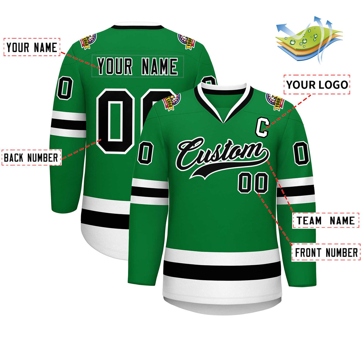 Custom Kelly Green Black-White Classic Style Hockey Jersey | KXKSHOP