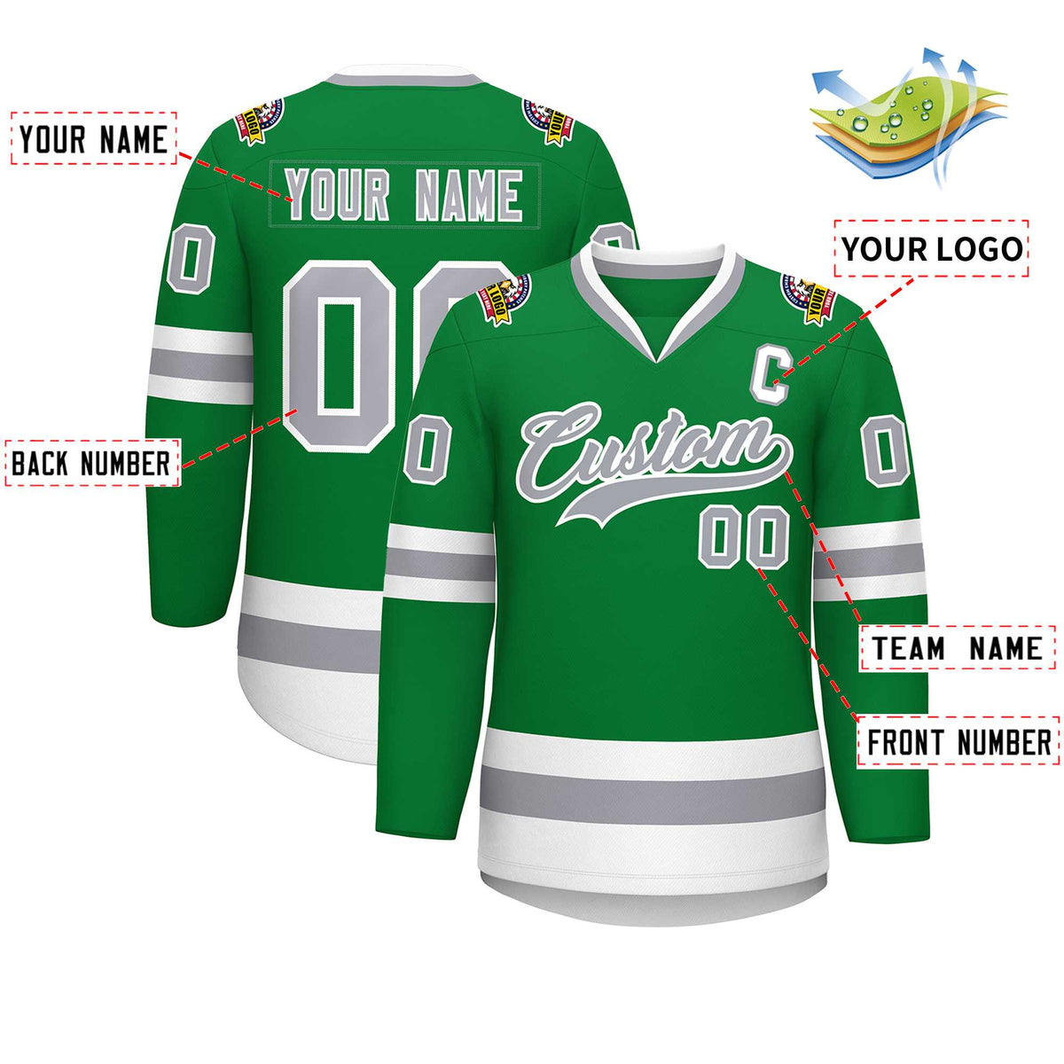 Custom Kelly Green Gray-White Classic Style Hockey Jersey | KXKSHOP