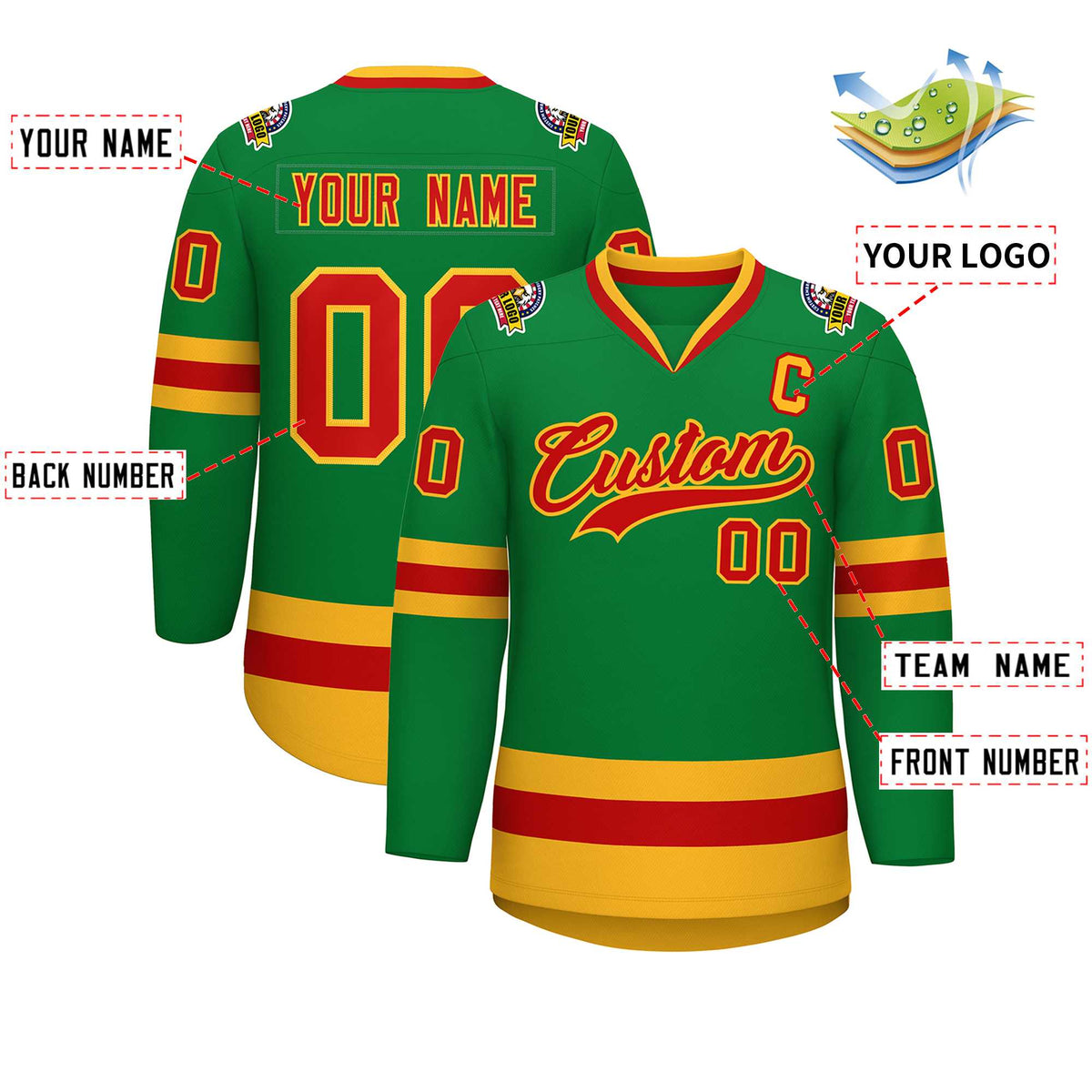 Custom Kelly Green Red-Gold Classic Style Hockey Jersey | KXKSHOP