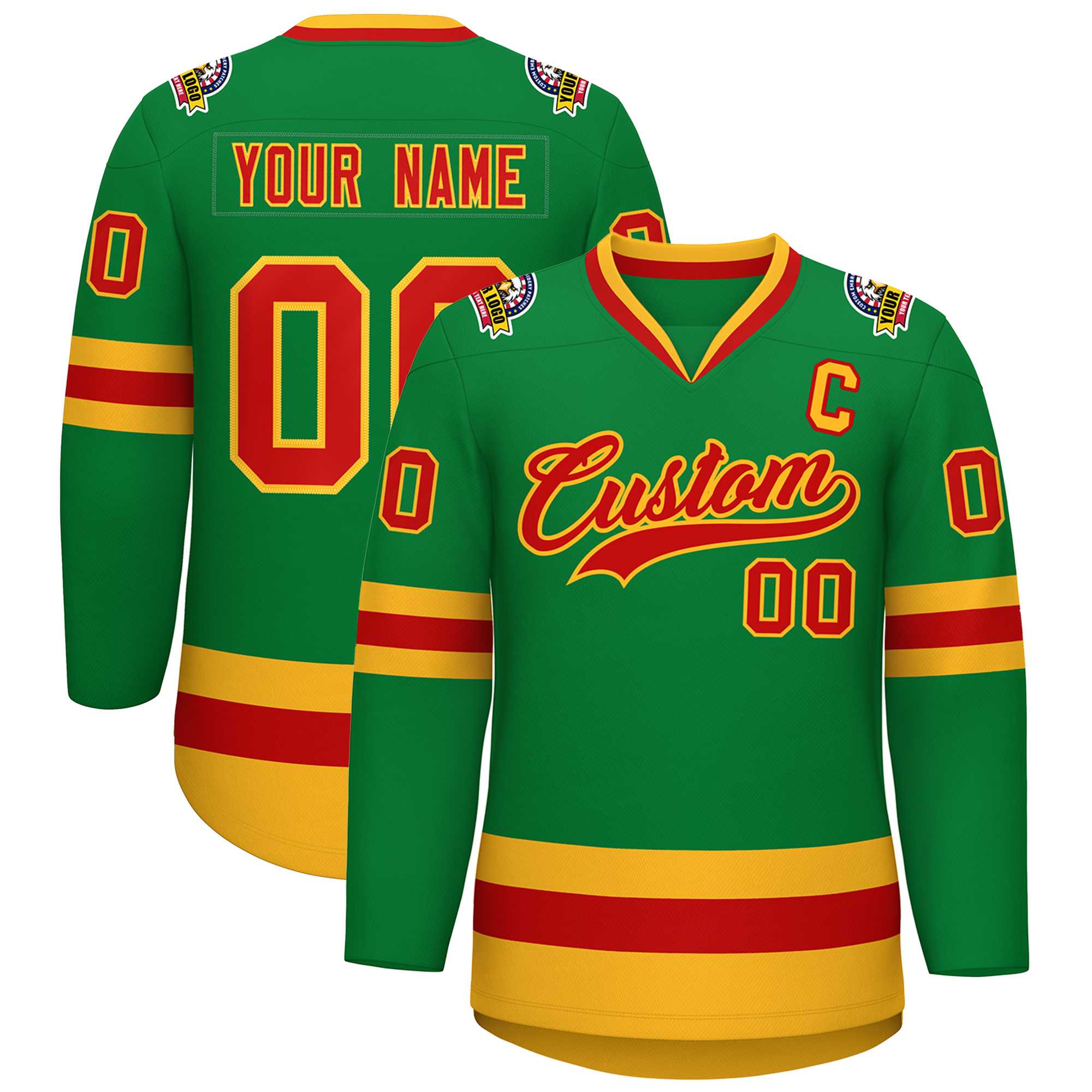 Custom Kelly Green Red-Gold Classic Style Hockey Jersey | KXKSHOP
