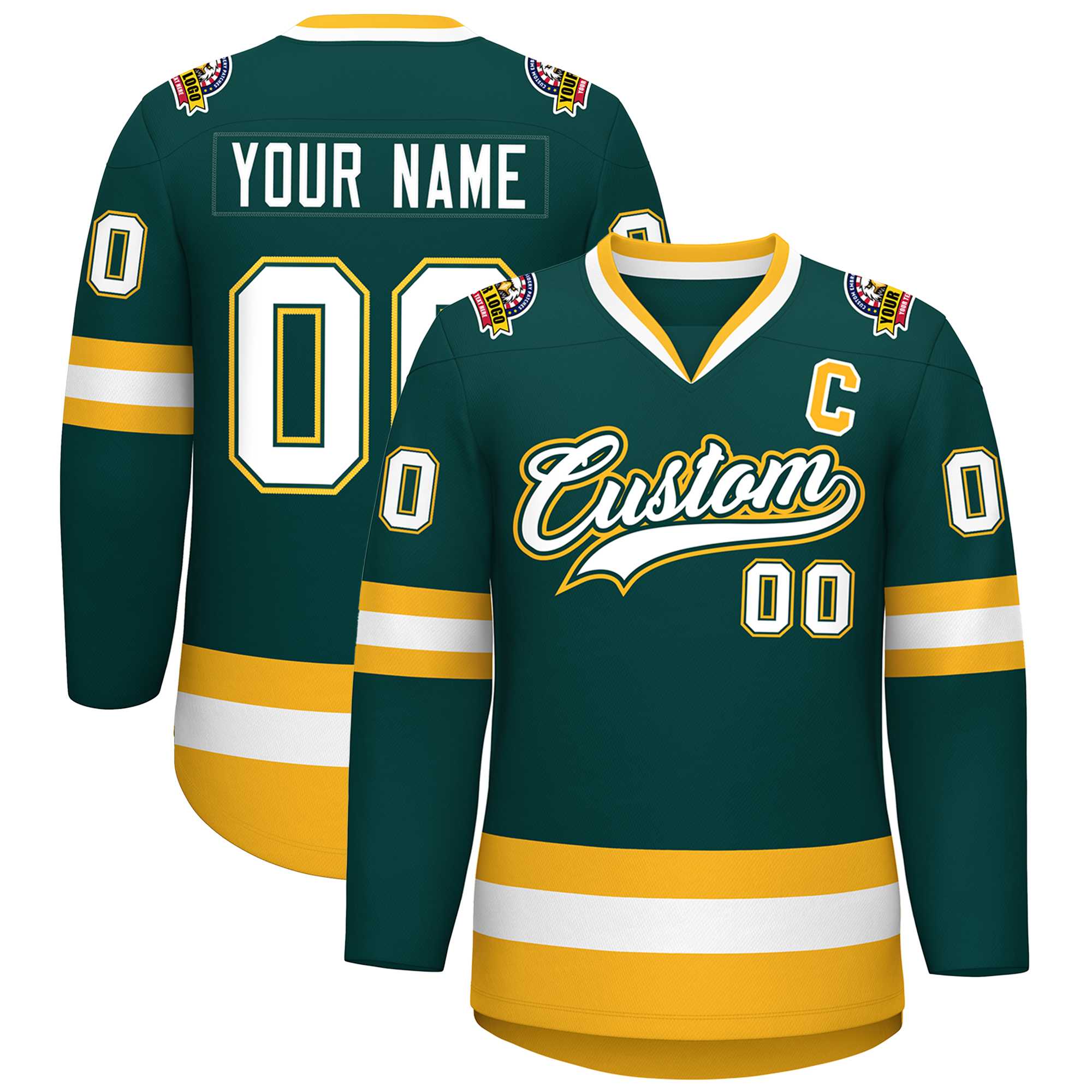 Custom Midnight Green White Olive-Gold Classic Style Hockey Jersey | KXKSHOP