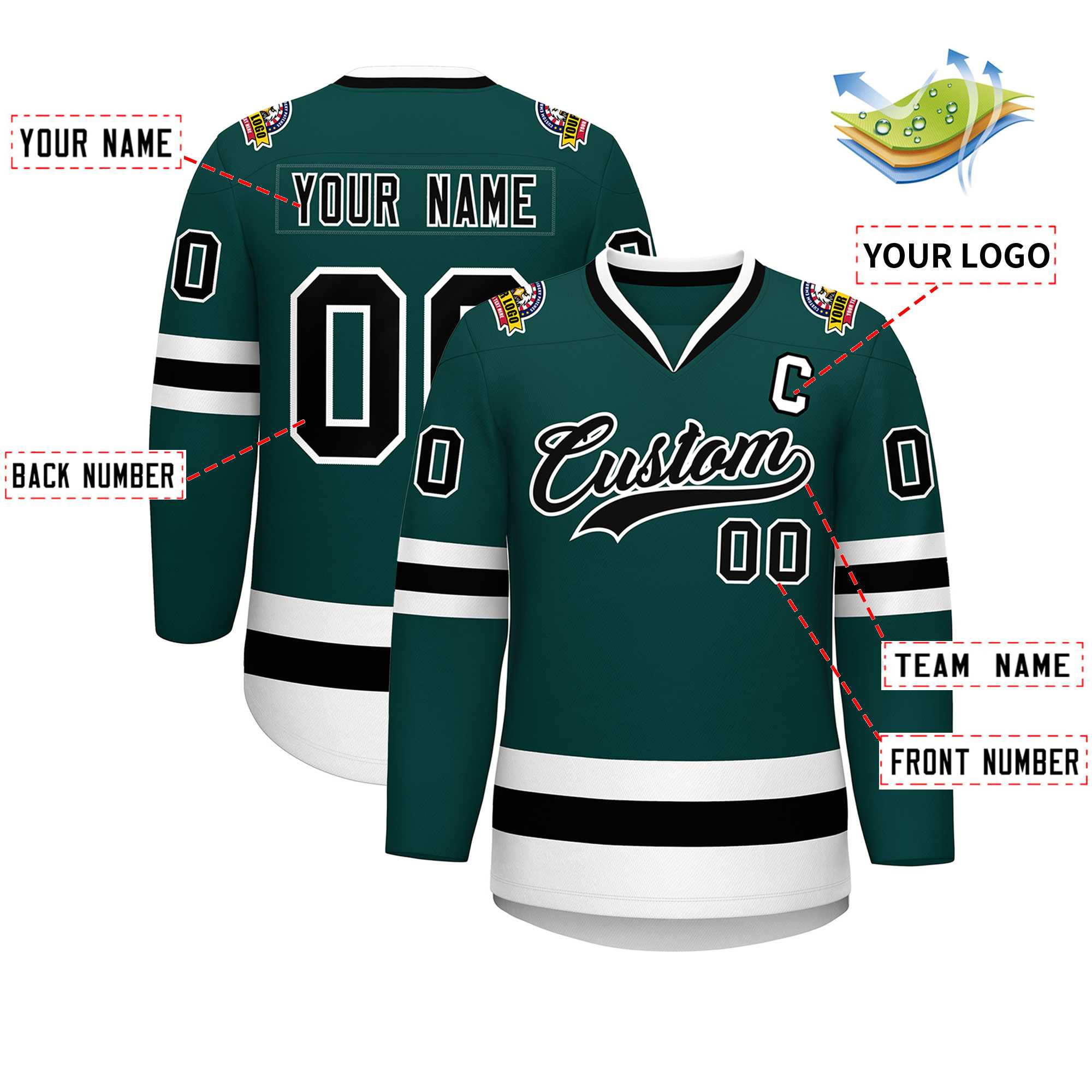 Custom Midnight Green Black-White Classic Style Hockey Jersey | KXKSHOP