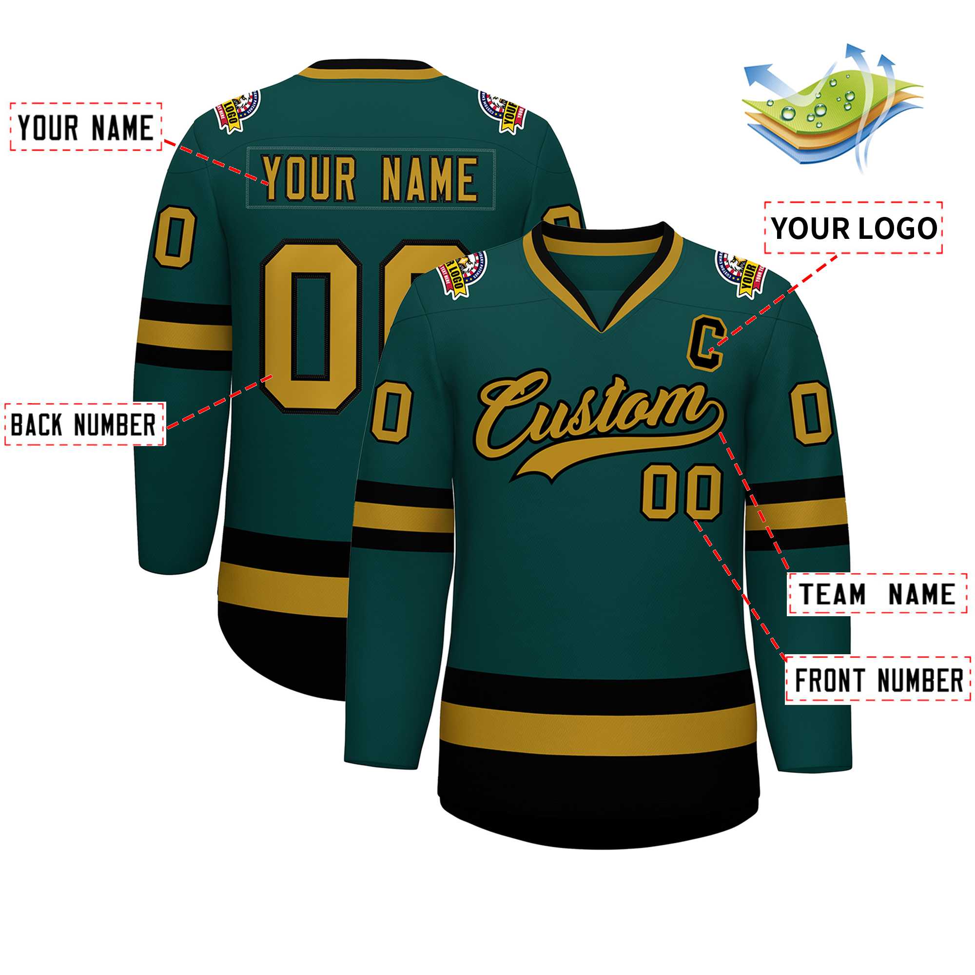 Custom Midnight Green Old Gold-Black Classic Style Hockey Jersey | KXKSHOP