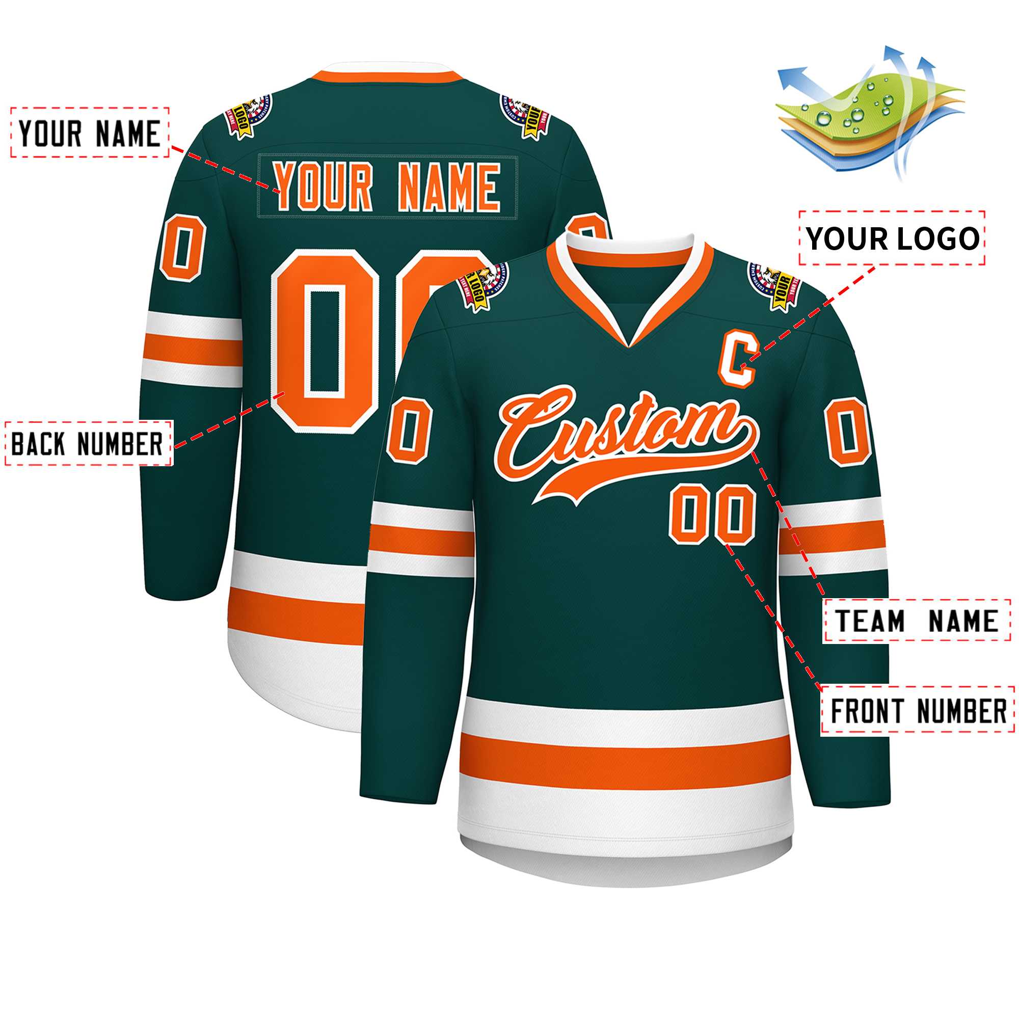 Custom Midnight Green Orange-White Classic Style Hockey Jersey | KXKSHOP