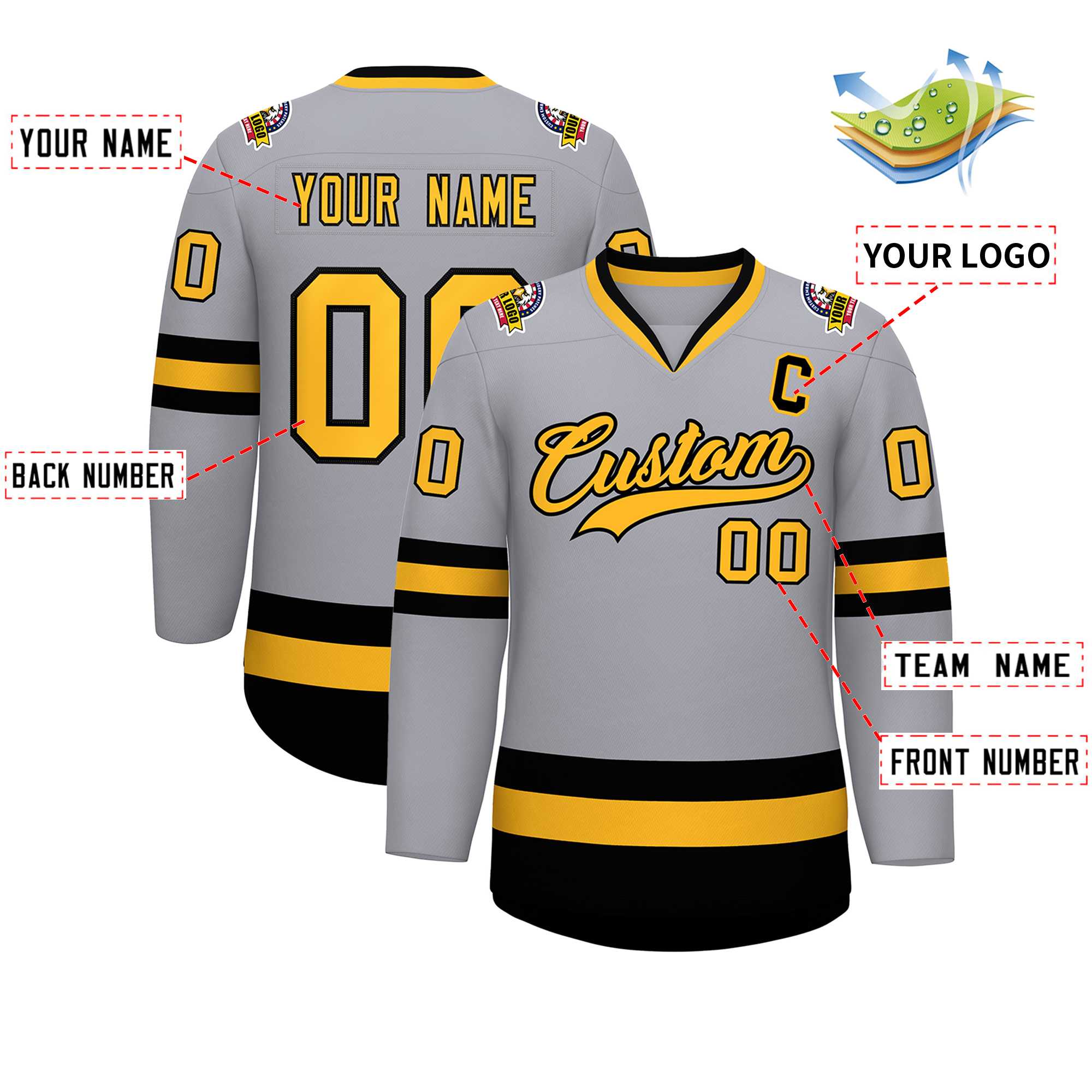 Custom Gray Gold-Black Classic Style Hockey Jersey | KXKSHOP