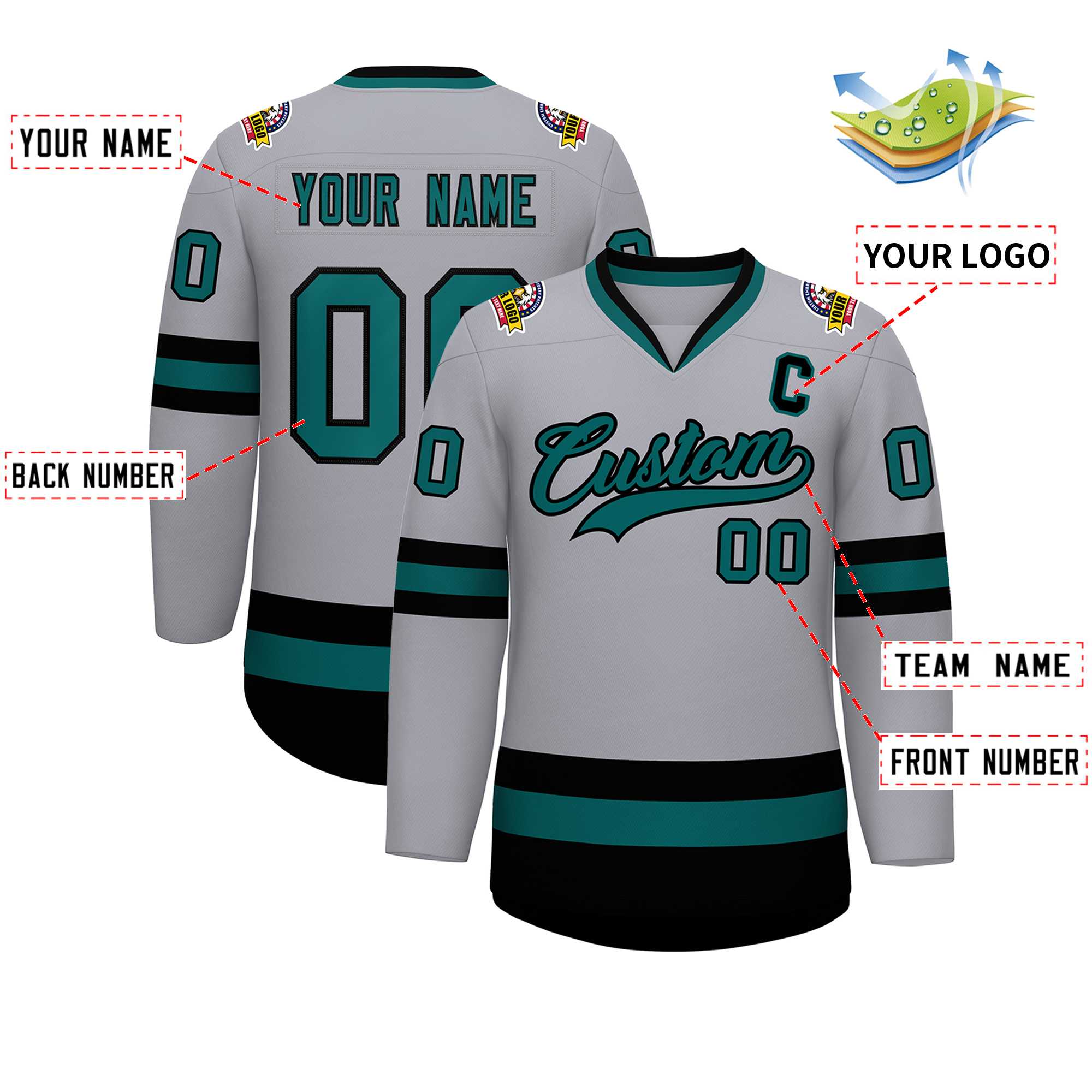 Custom Gray Aqua-Black Classic Style Hockey Jersey | KXKSHOP