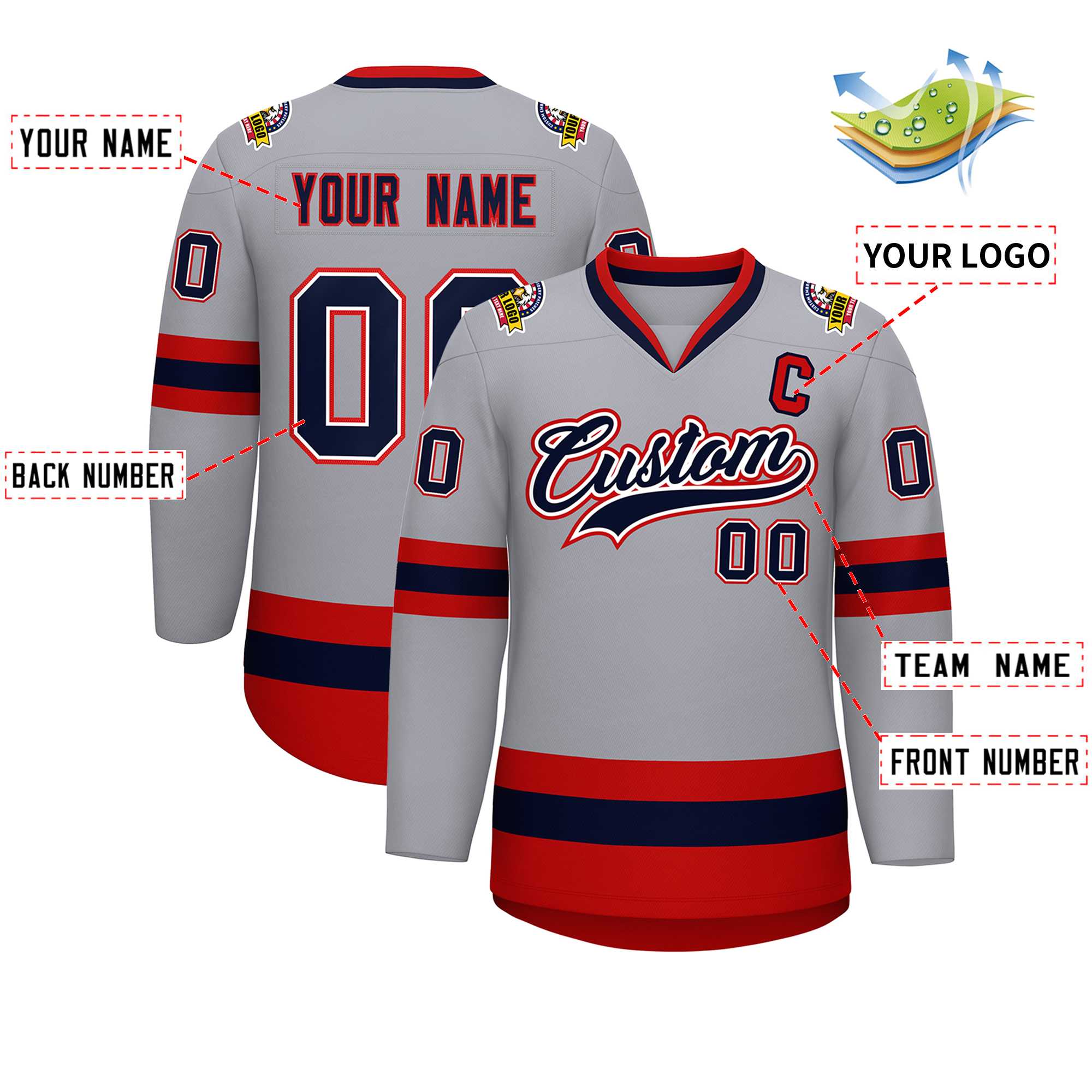 Custom Gray Navy White-Red Classic Style Hockey Jersey | KXKSHOP