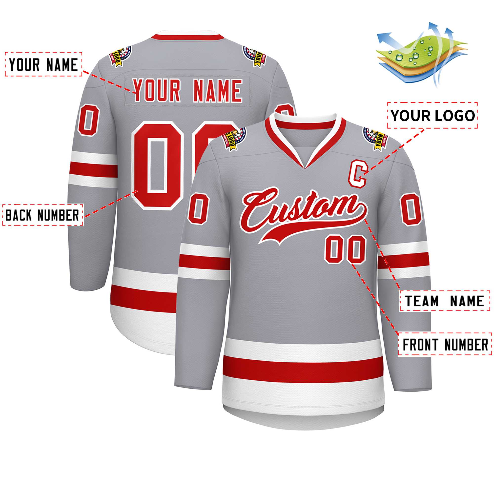 Custom Gray Red-White Classic Style Hockey Jersey | KXKSHOP