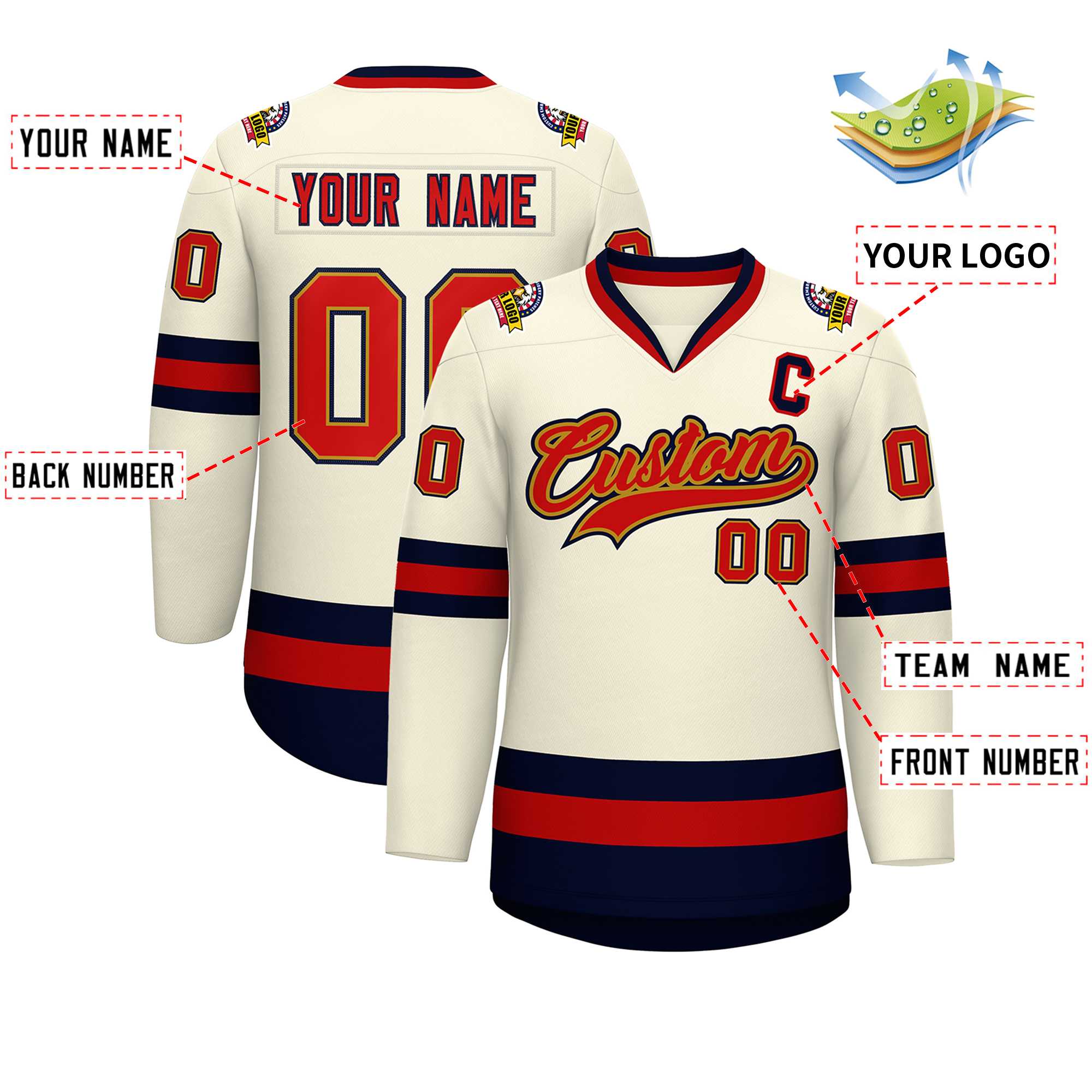 Custom Khaki Red Old Gold-Navy Classic Style Hockey Jersey | KXKSHOP