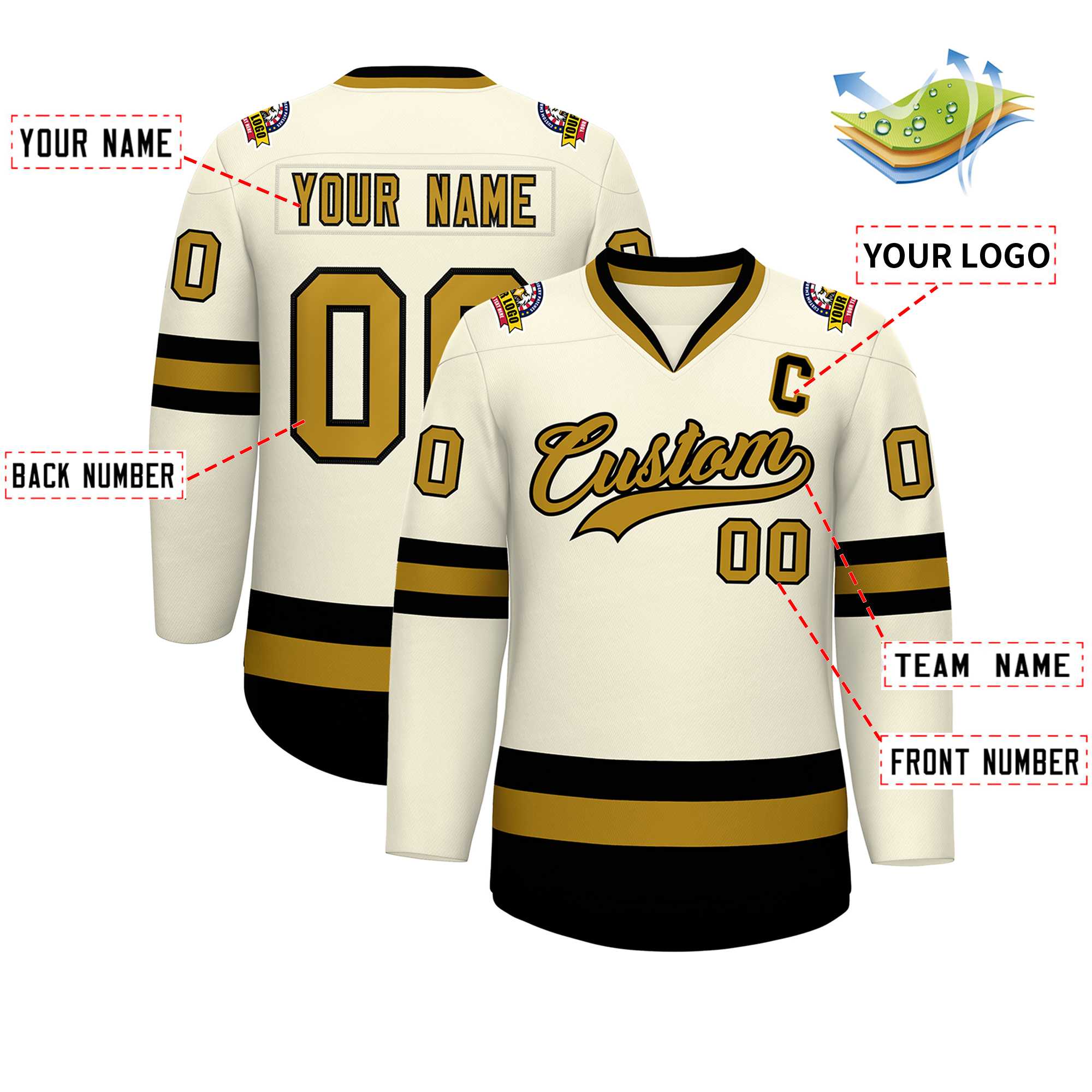 Custom Khaki Old Gold-Black Classic Style Hockey Jersey | KXKSHOP