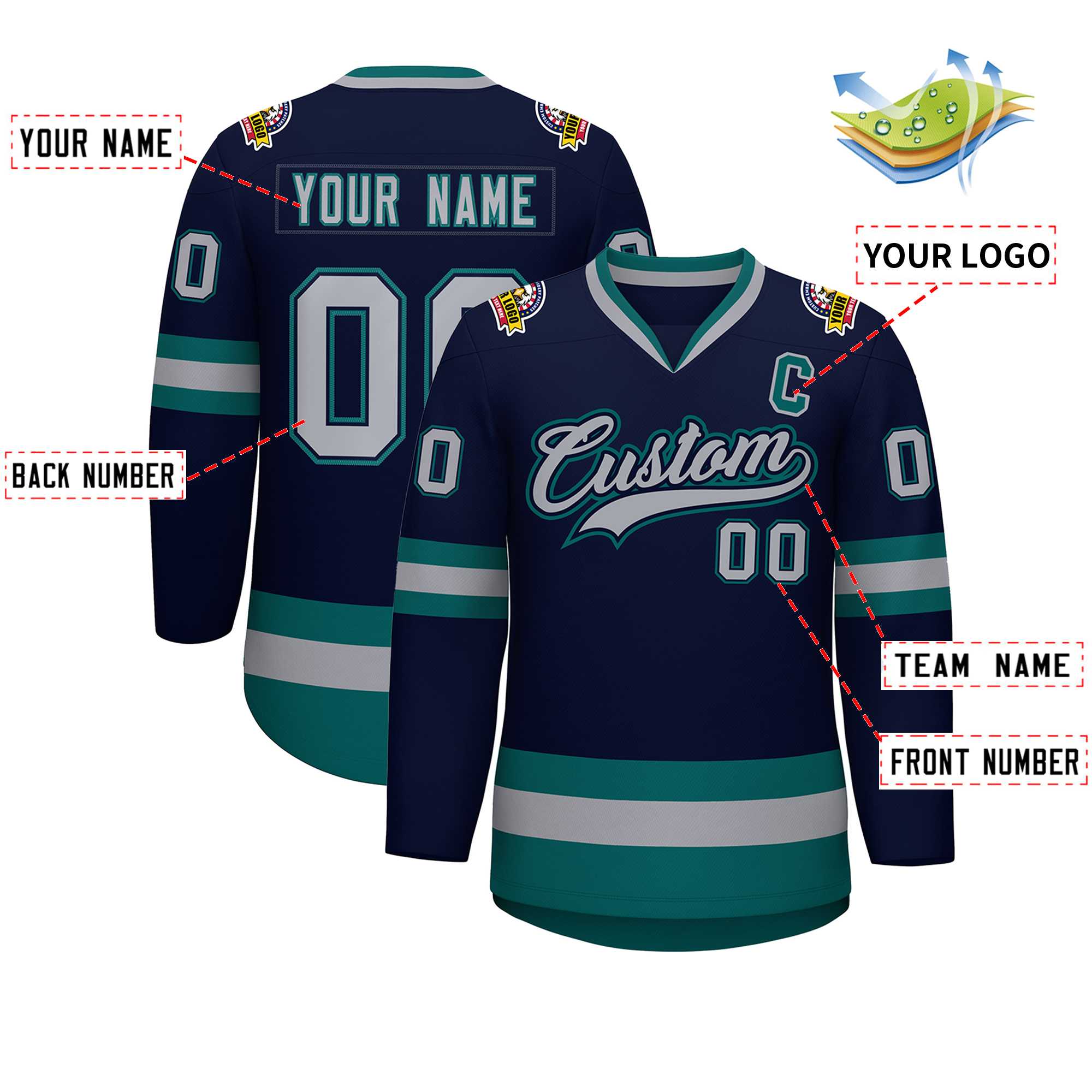 Custom Navy Gray Navy-Aqua Classic Style Hockey Jersey | KXKSHOP