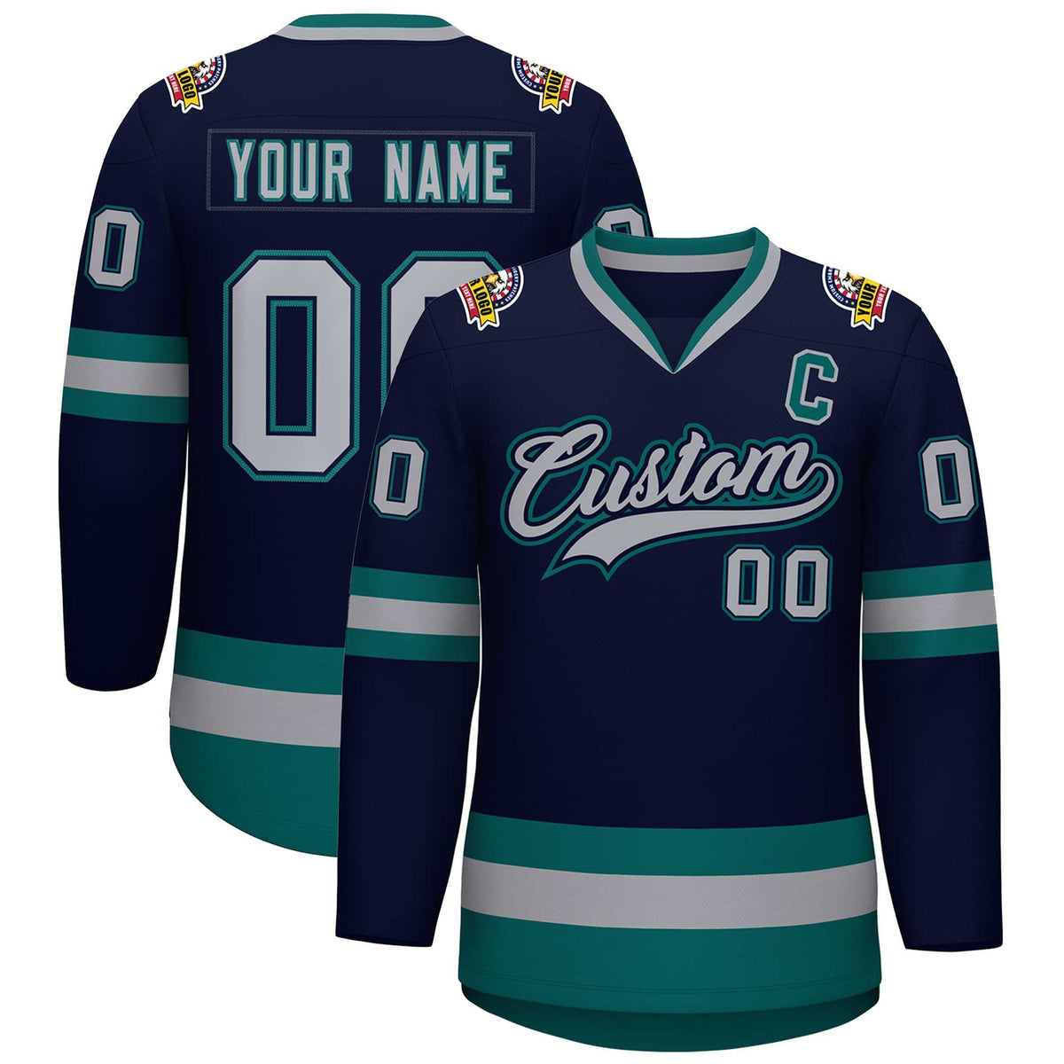 Custom Navy Gray Navy-Aqua Classic Style Hockey Jersey | KXKSHOP