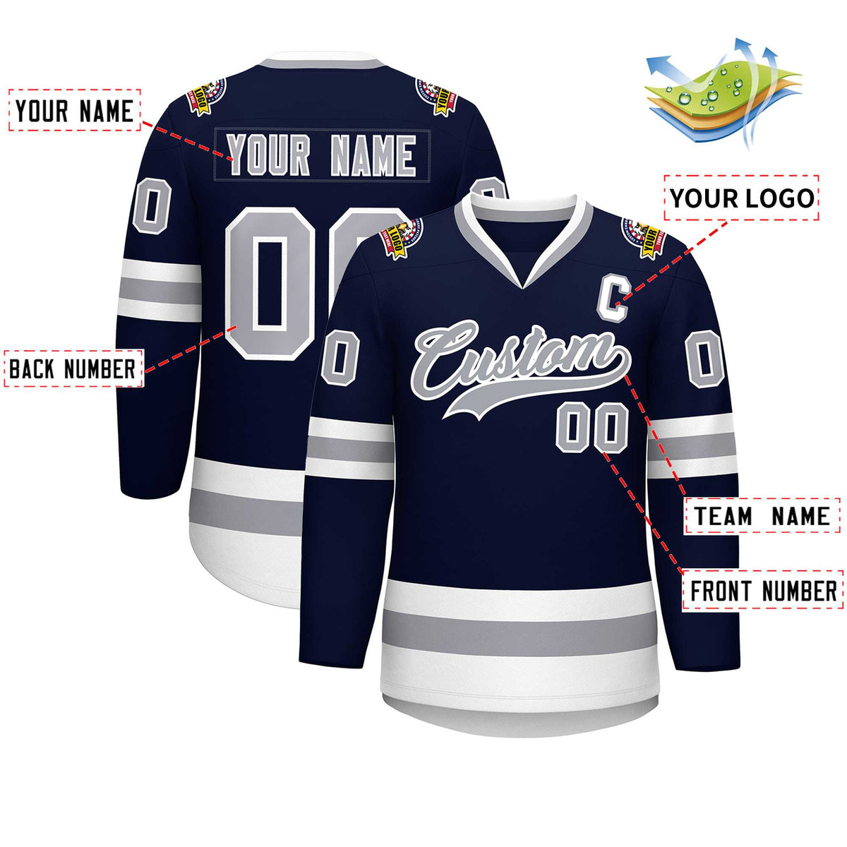 Custom Navy Gray-White Classic Style Hockey Jersey | KXKSHOP