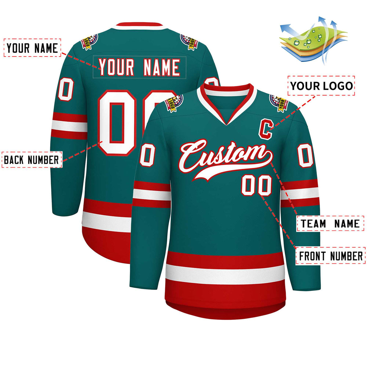 Custom Teal White-Red Classic Style Hockey Jersey | KXKSHOP