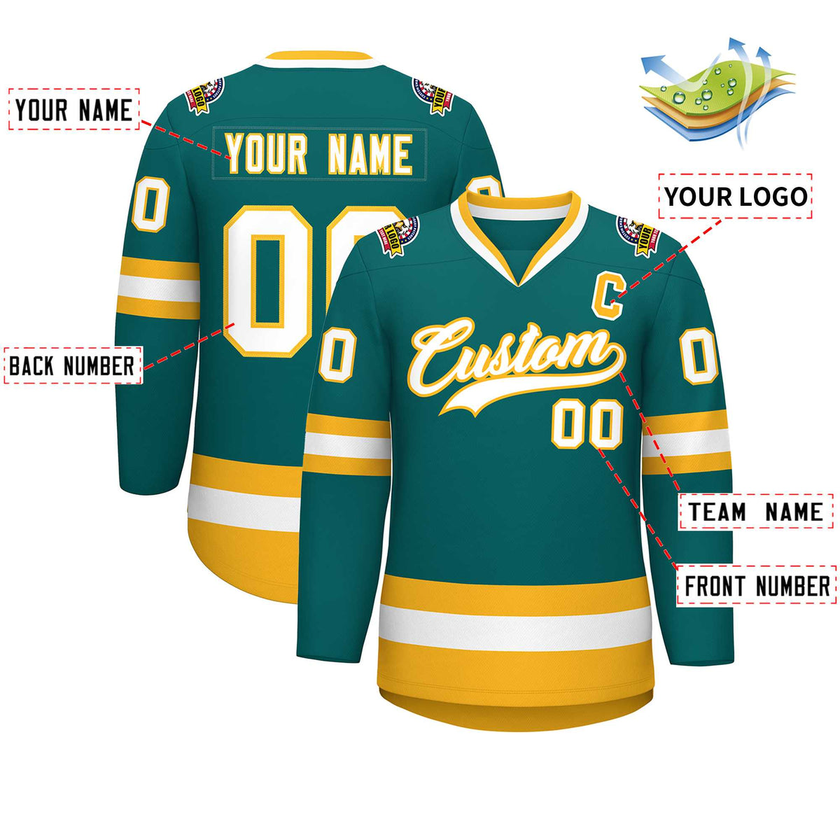 Custom Teal White-Gold Classic Style Hockey Jersey | KXKSHOP