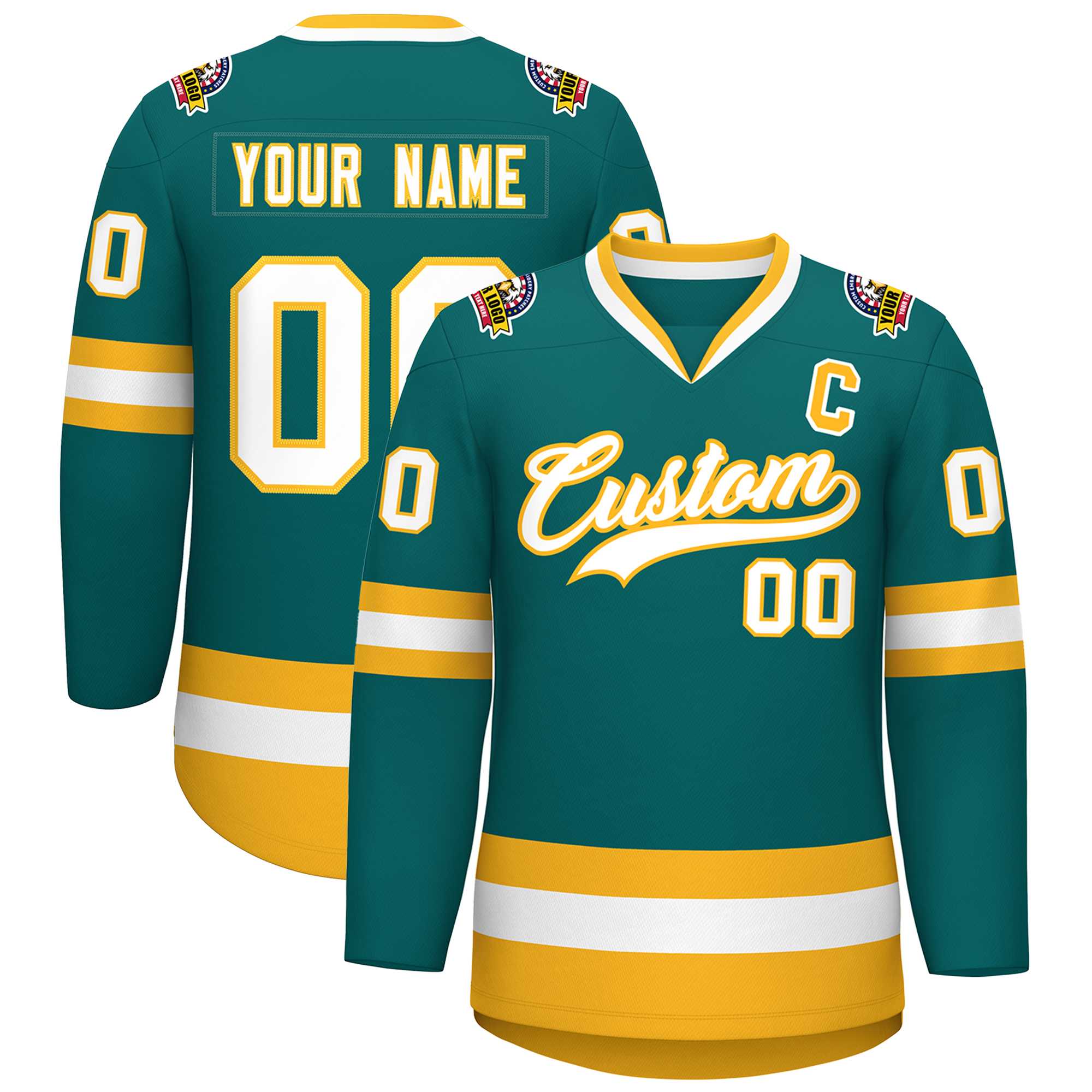Custom Teal White-Gold Classic Style Hockey Jersey | KXKSHOP