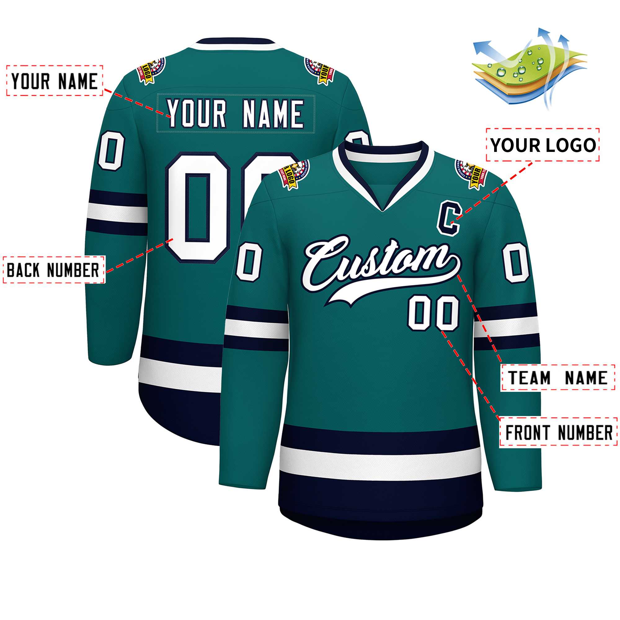 Custom Teal White-Navy Classic Style Hockey Jersey | KXKSHOP