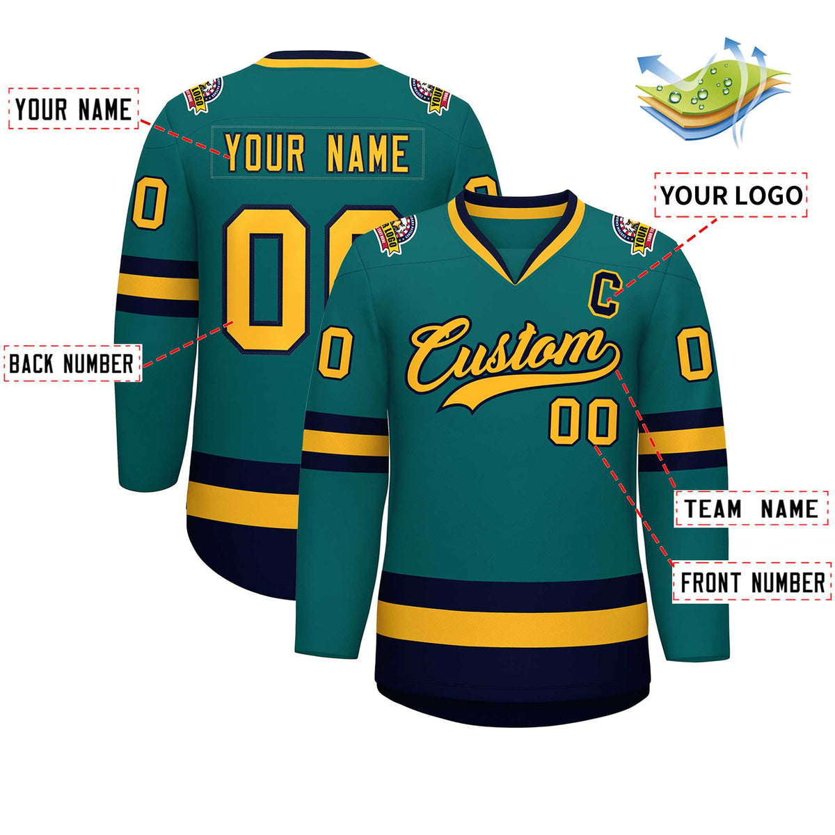 Custom Teal Gold-Navy Classic Style Hockey Jersey | KXKSHOP