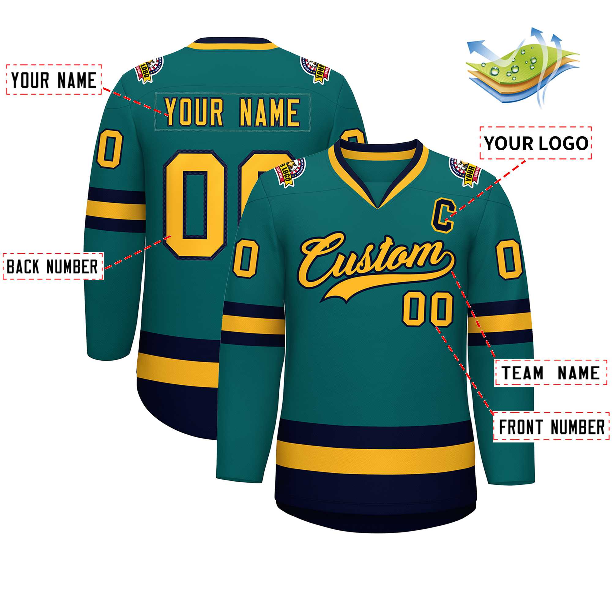 Custom Teal Gold-Navy Classic Style Hockey Jersey | KXKSHOP