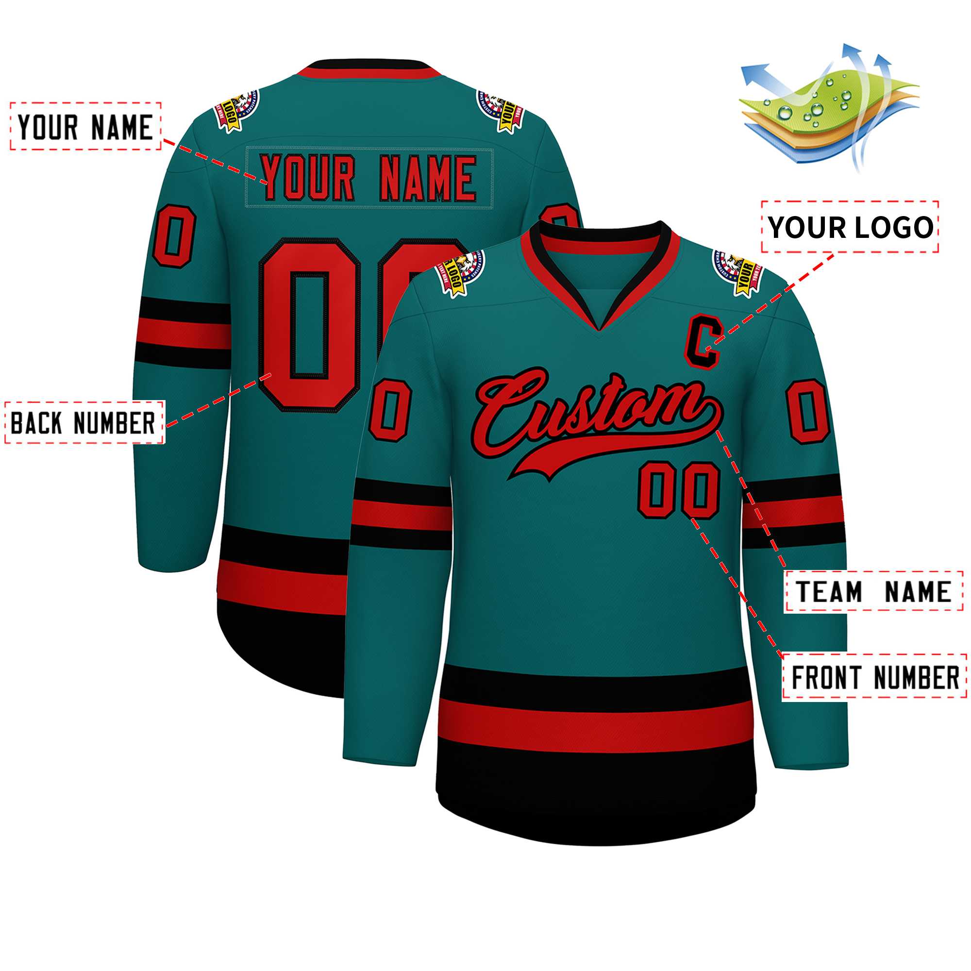 Custom Teal Red-Black Classic Style Hockey Jersey | KXKSHOP