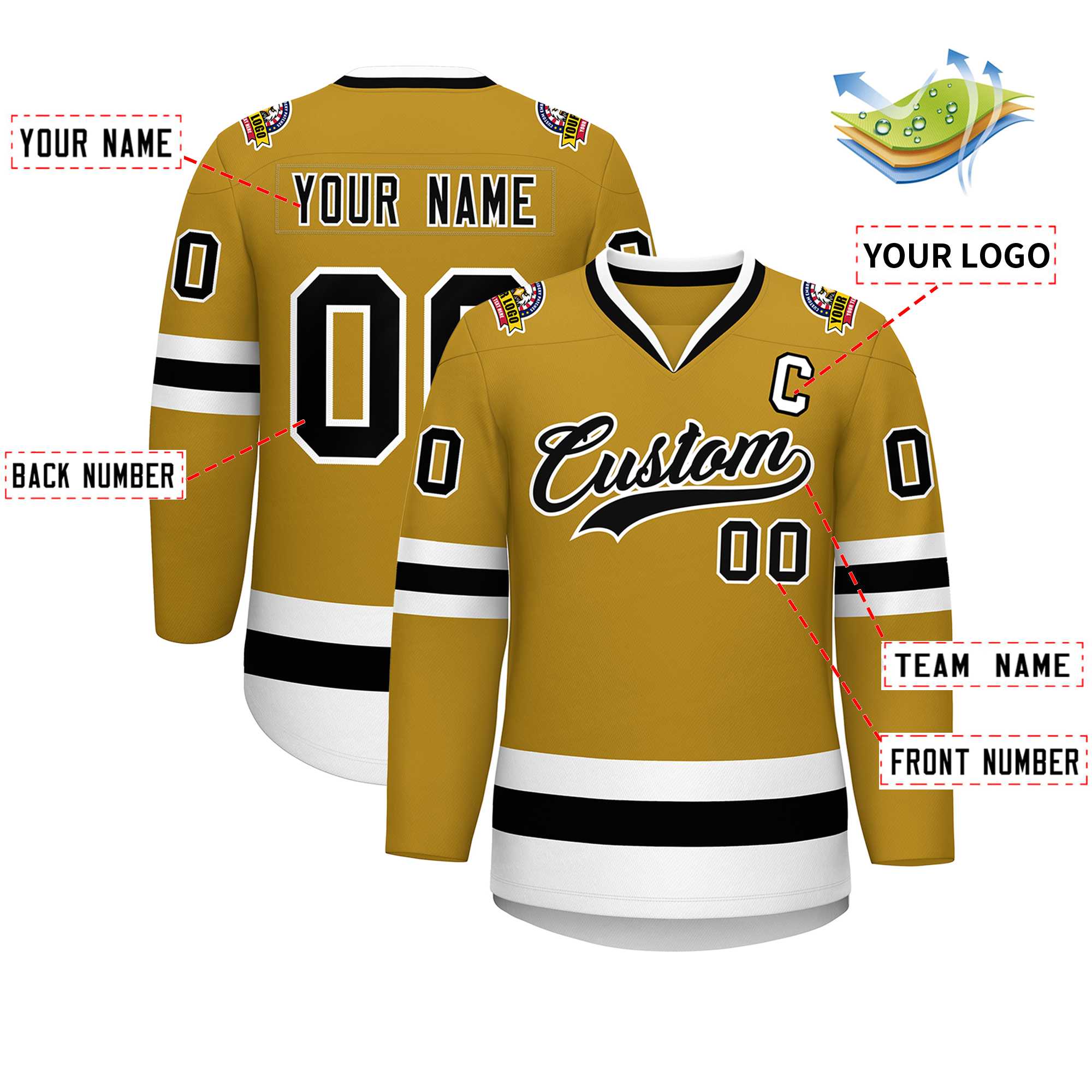 Custom Old Gold Black-White Classic Style Hockey Jersey | KXKSHOP