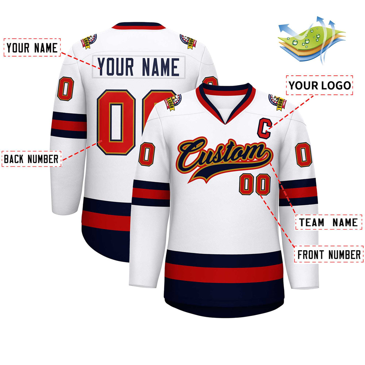 Custom White Navy Old Gold-Red Classic Style Hockey Jersey | KXKSHOP