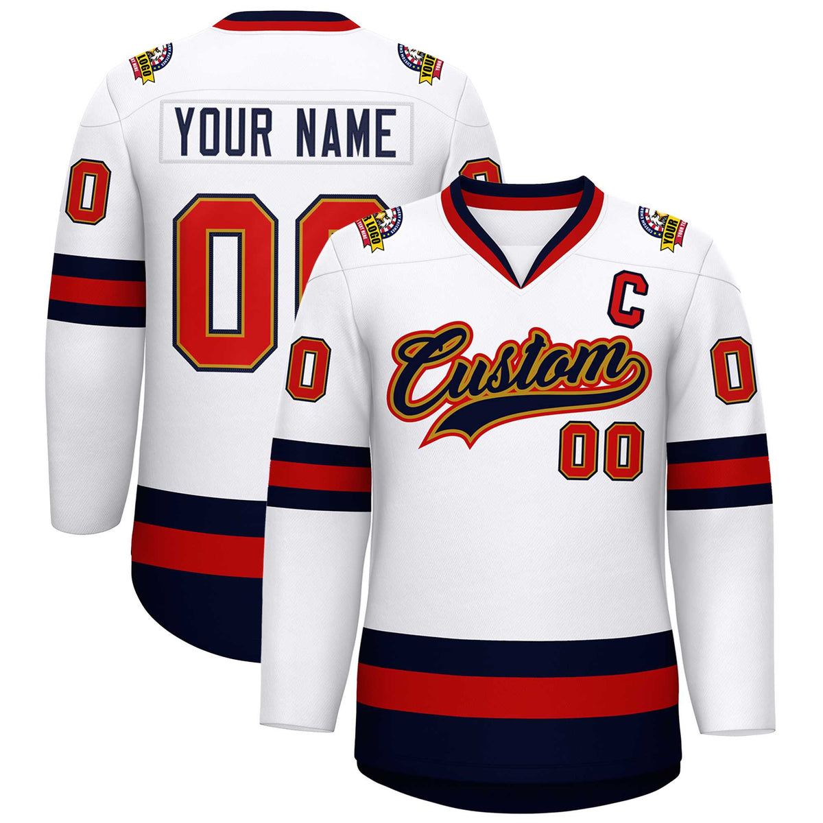 Custom White Navy Old Gold-Red Classic Style Hockey Jersey | KXKSHOP