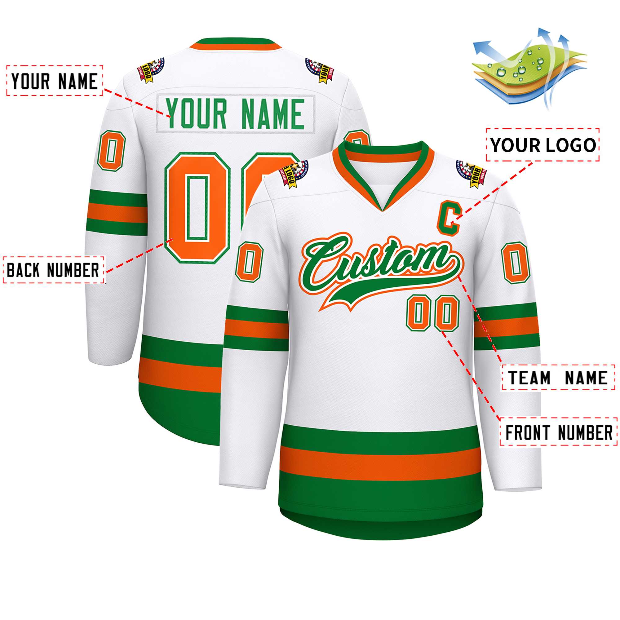 Custom White Kelly Green White-Orange Classic Style Hockey Jersey | KXKSHOP