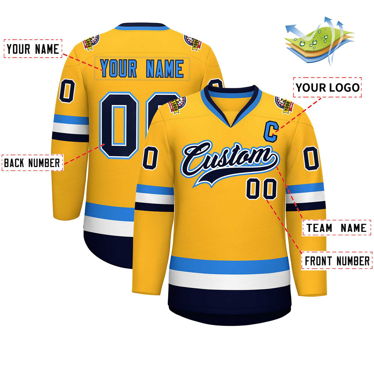 Custom Gold Navy White-Powder Blue Classic Style Hockey Jersey | KXKSHOP