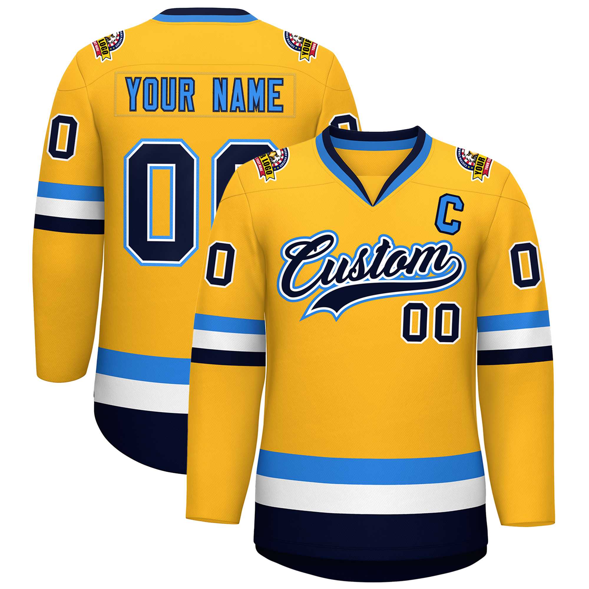 Custom Gold Navy White-Powder Blue Classic Style Hockey Jersey | KXKSHOP