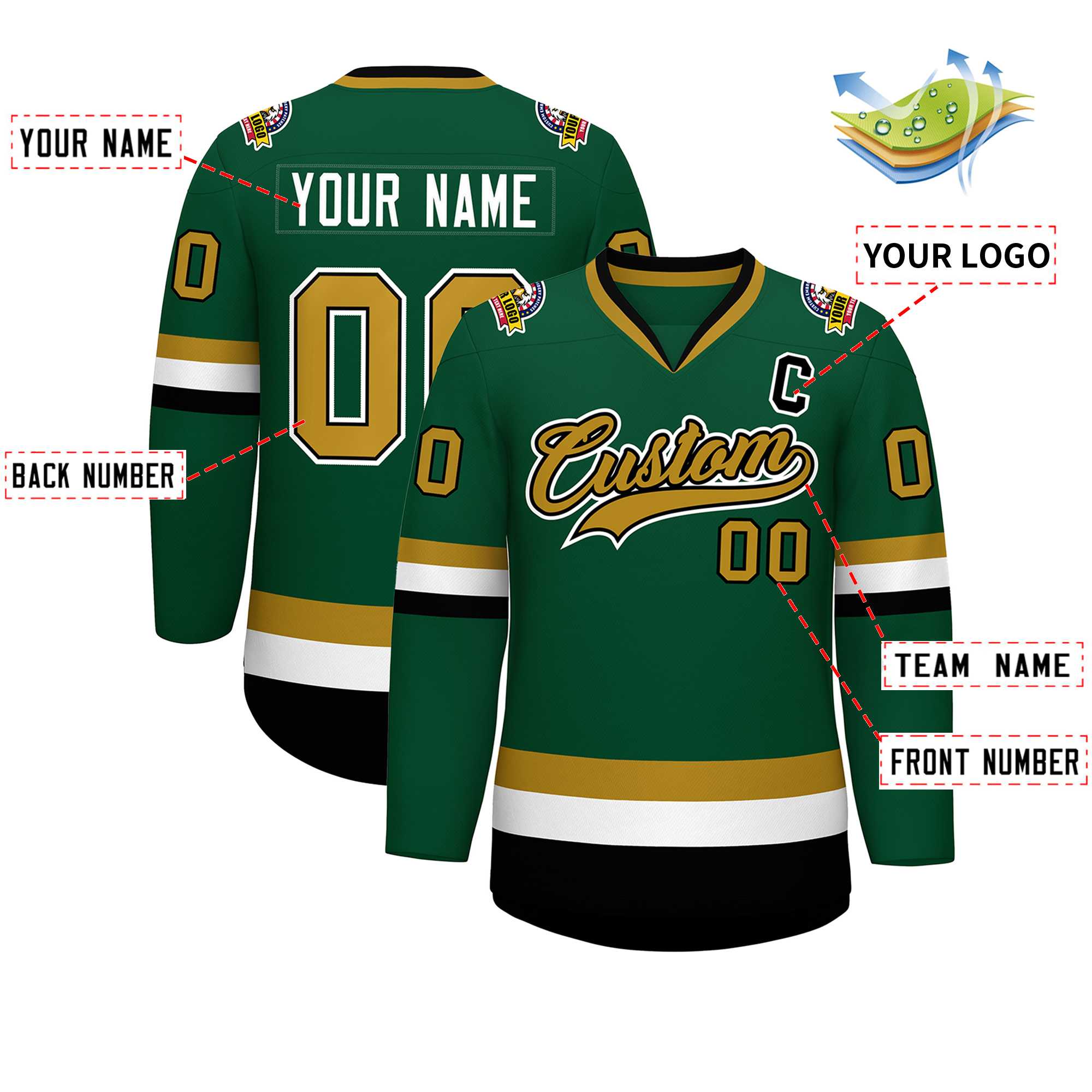 Custom Green Old Gold Black-White Classic Style Hockey Jersey | KXKSHOP