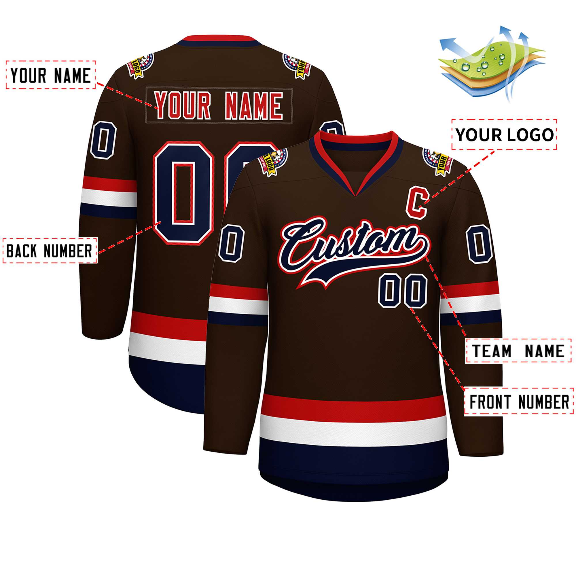 Custom Brown Navy White-Red Classic Style Hockey Jersey | KXKSHOP