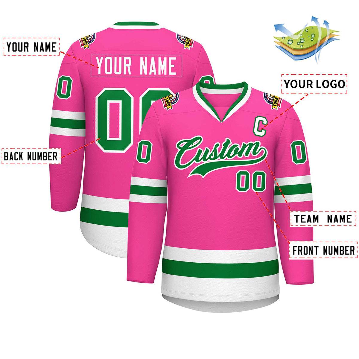 Custom Pink Kelly Green-White Classic Style Hockey Jersey | KXKSHOP
