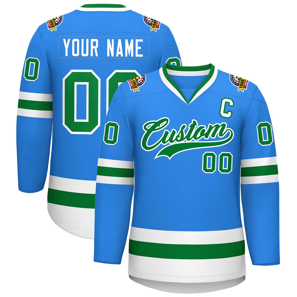 Custom Powder Blue Kelly Green-White Classic Style Hockey Jersey | KXKSHOP