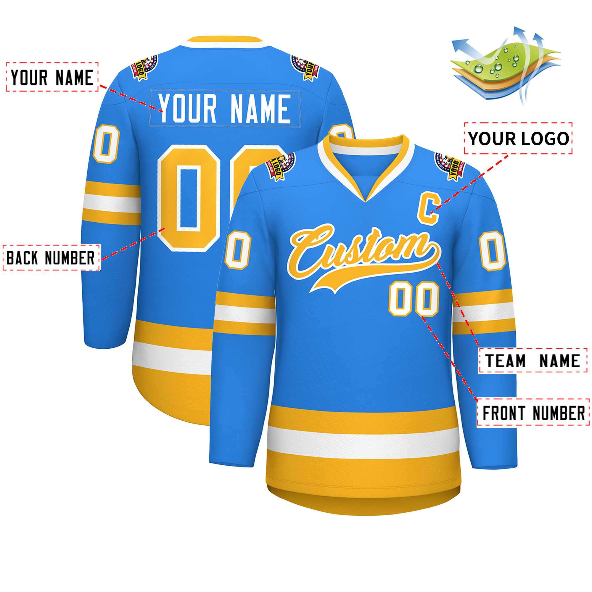 Custom Powder Blue Gold-White Classic Style Hockey Jersey | KXKSHOP