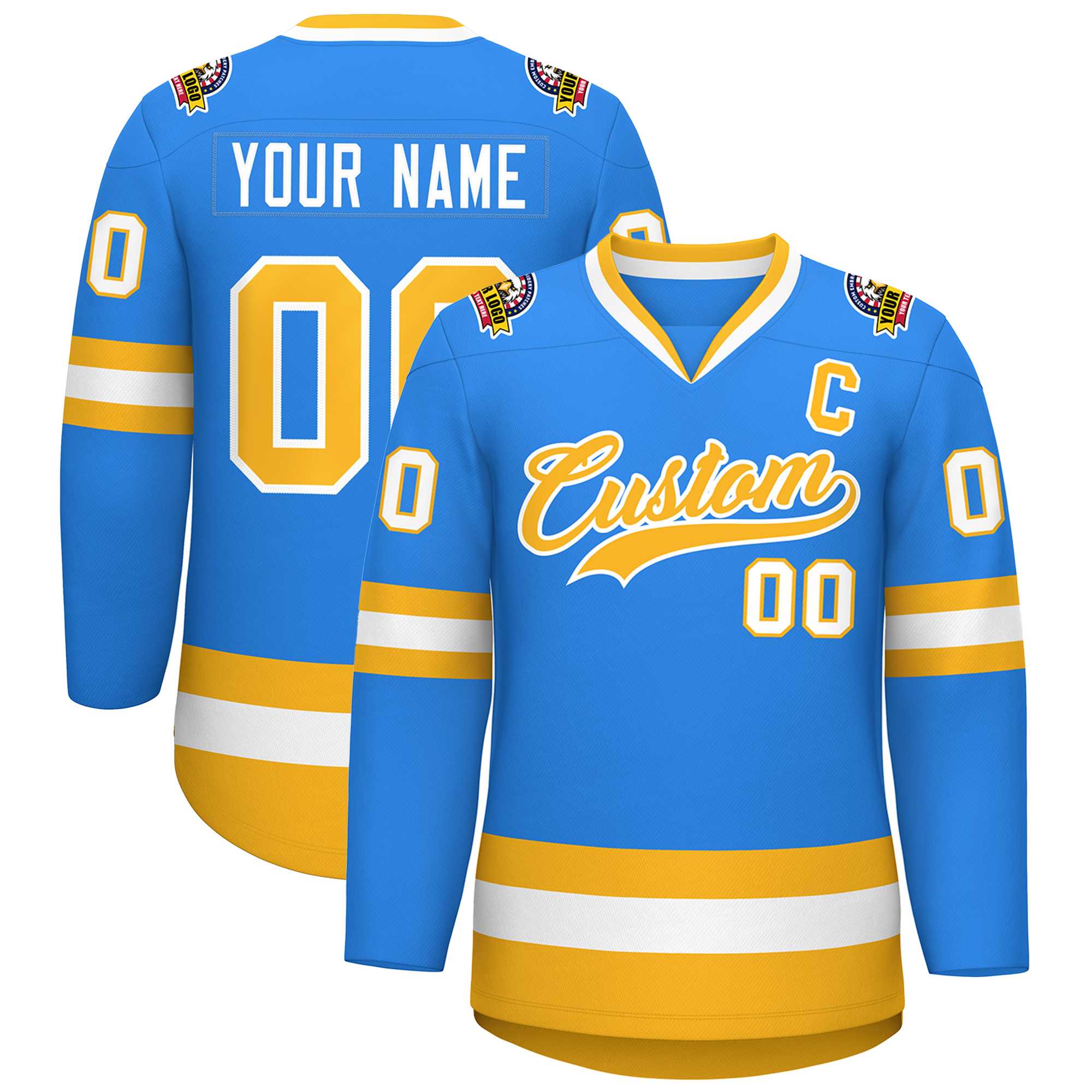 Custom Powder Blue Gold-White Classic Style Hockey Jersey | KXKSHOP