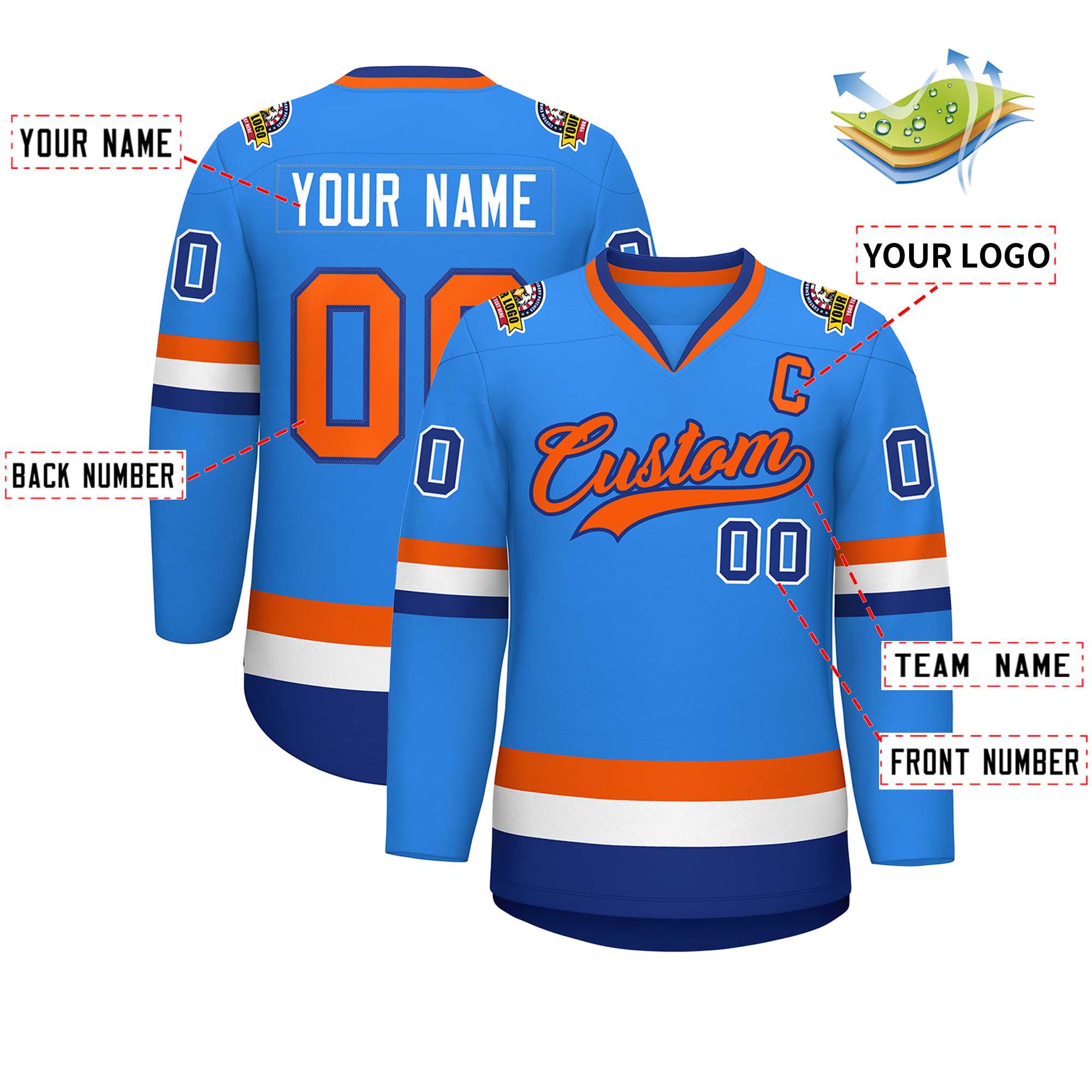 Custom Powder Blue Orange-Royal Classic Style Hockey Jersey | KXKSHOP