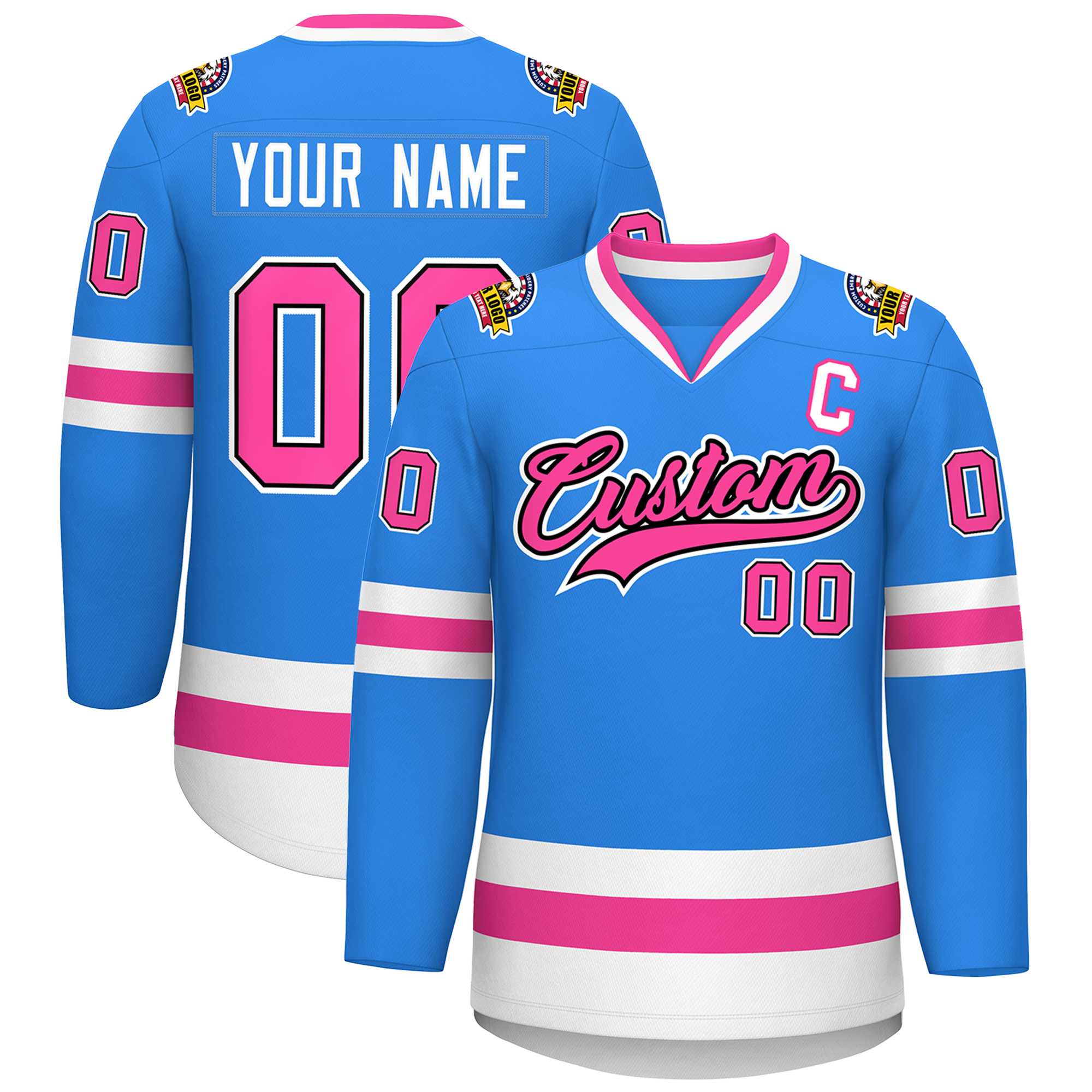 Custom Powder Blue Pink Black-White Classic Style Hockey Jersey | KXKSHOP