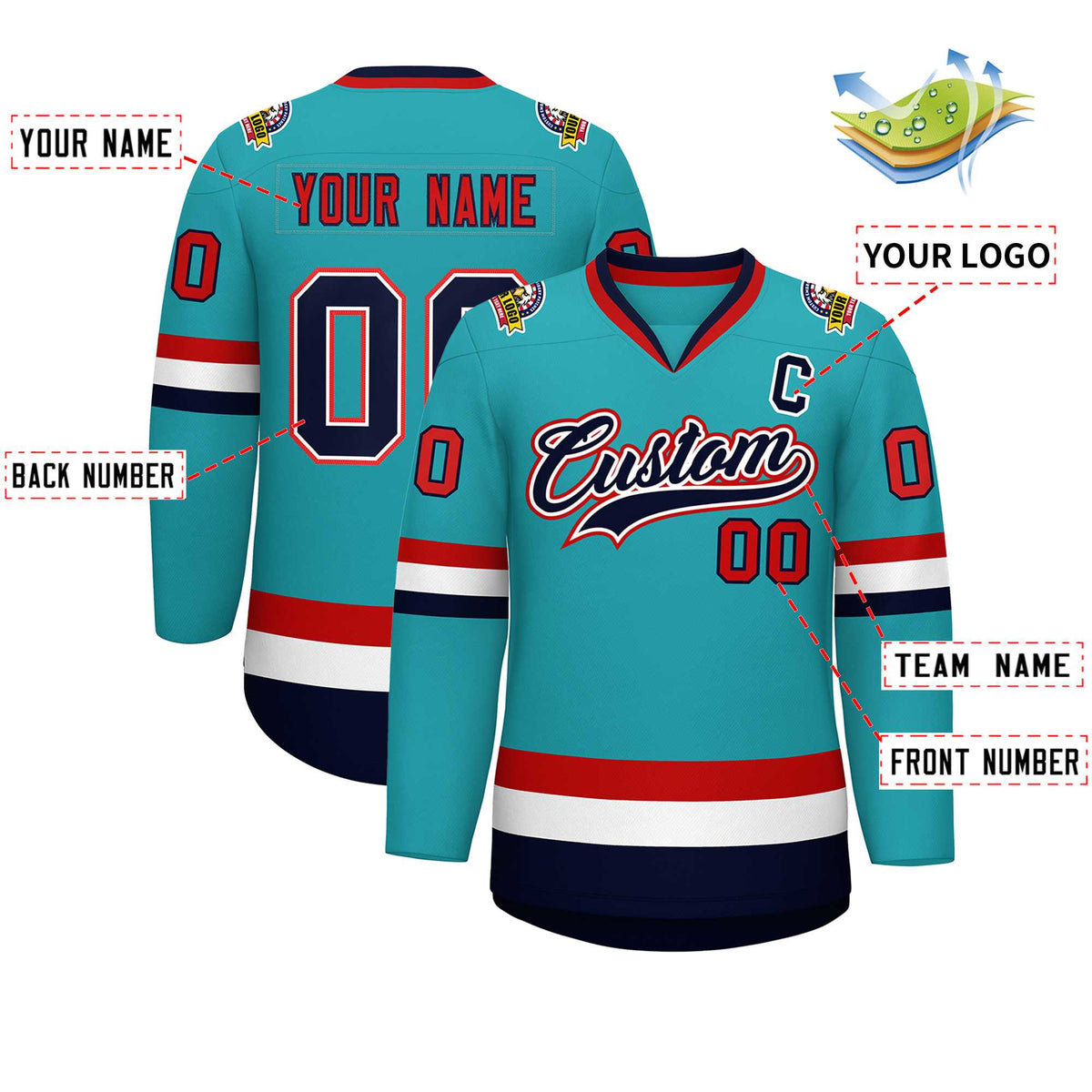 Custom Aqua Navy White-Red Classic Style Hockey Jersey | KXKSHOP